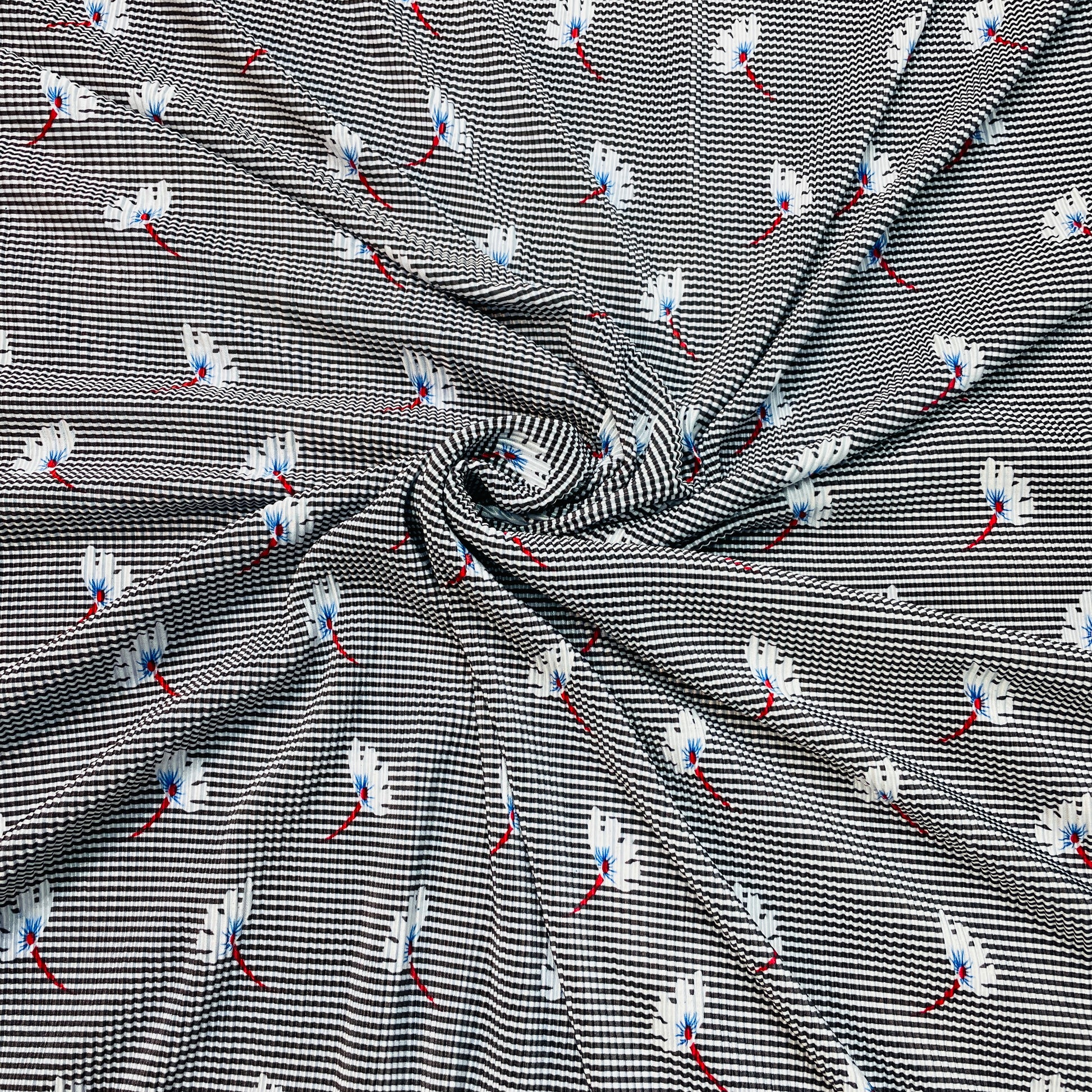 Black Stripes Floral Pleated Knitted Satin Fabric - TradeUNO