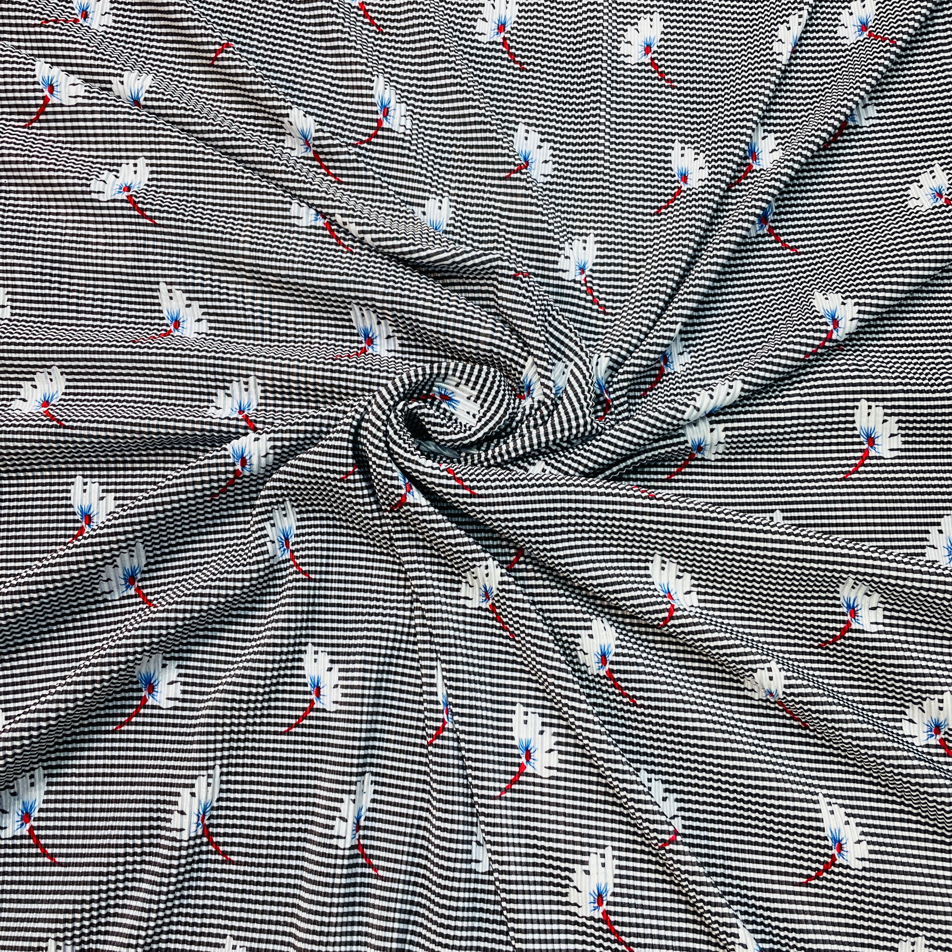 Black Stripes Floral Pleated Knitted Satin Fabric - TradeUNO