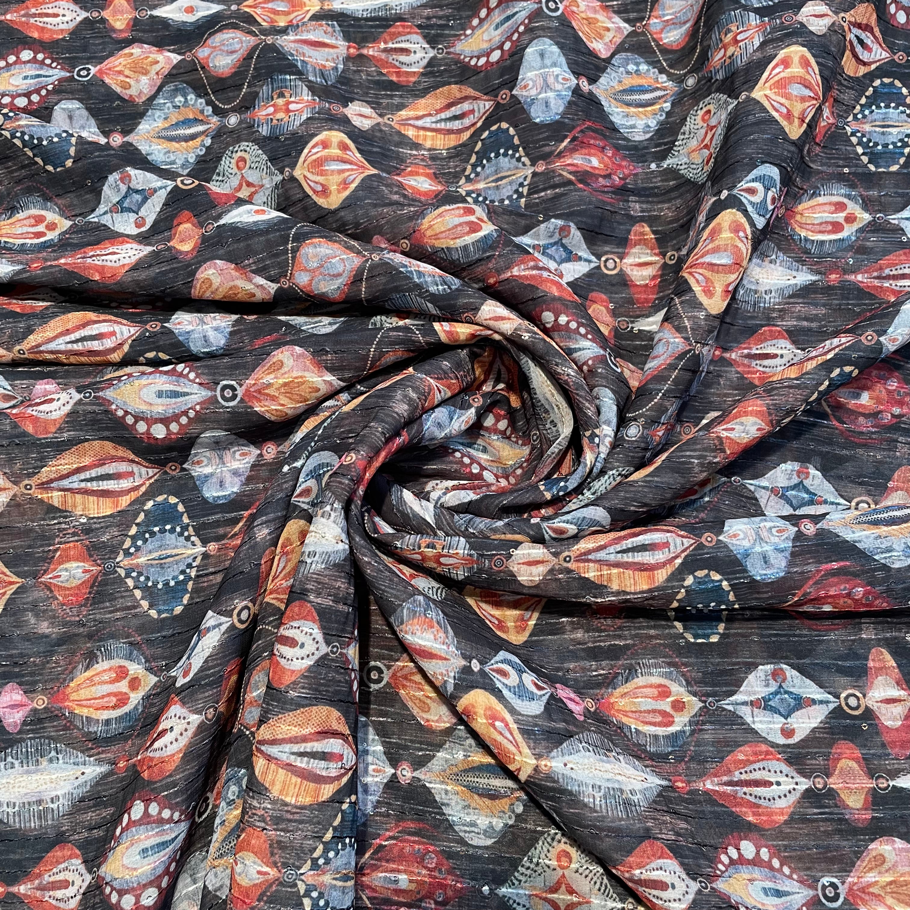 Black with Multicolor Traditional Sequence Embroidery Georgette Fabric - TradeUNO