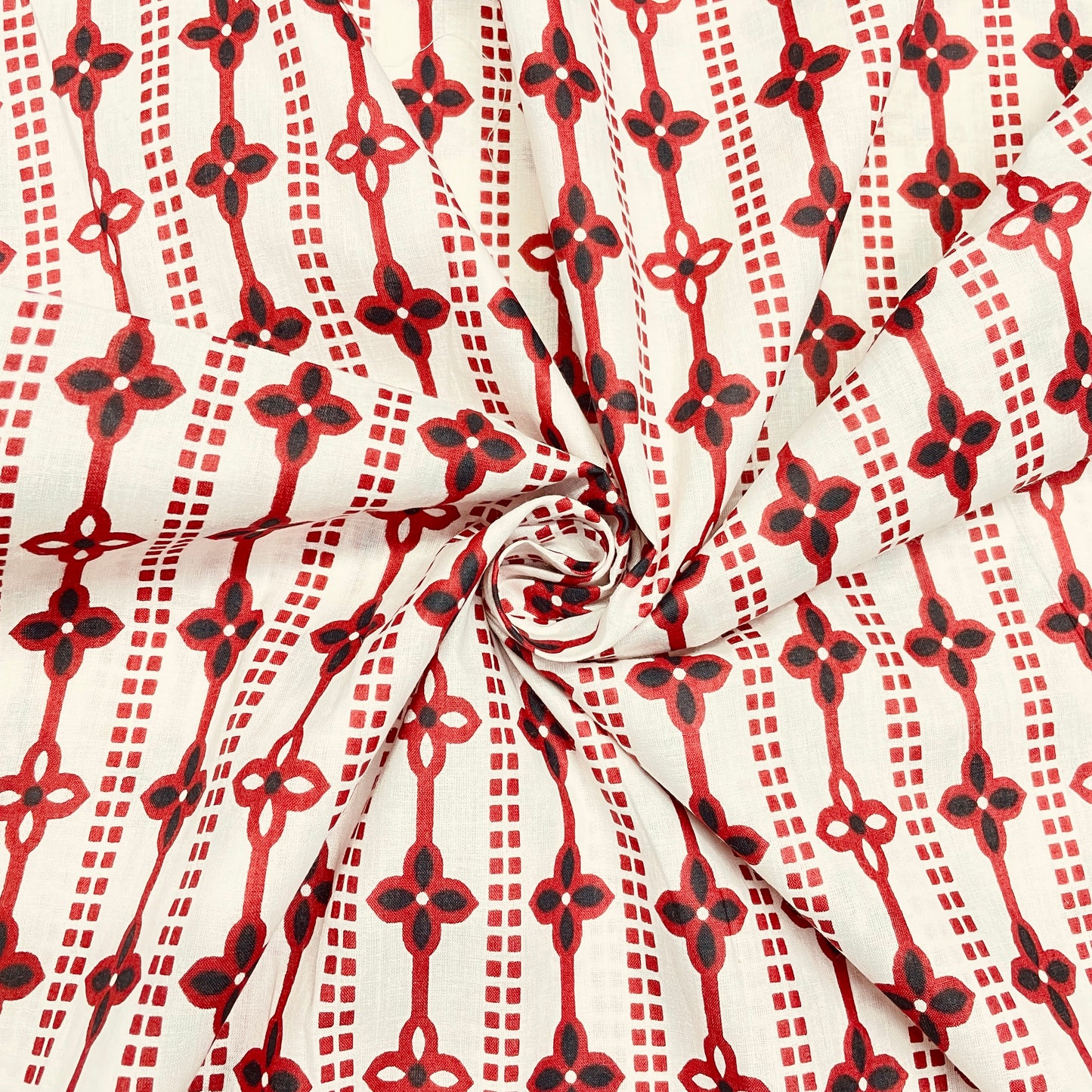 White & Red Geometrical Print Cotton Fabric - TradeUNO