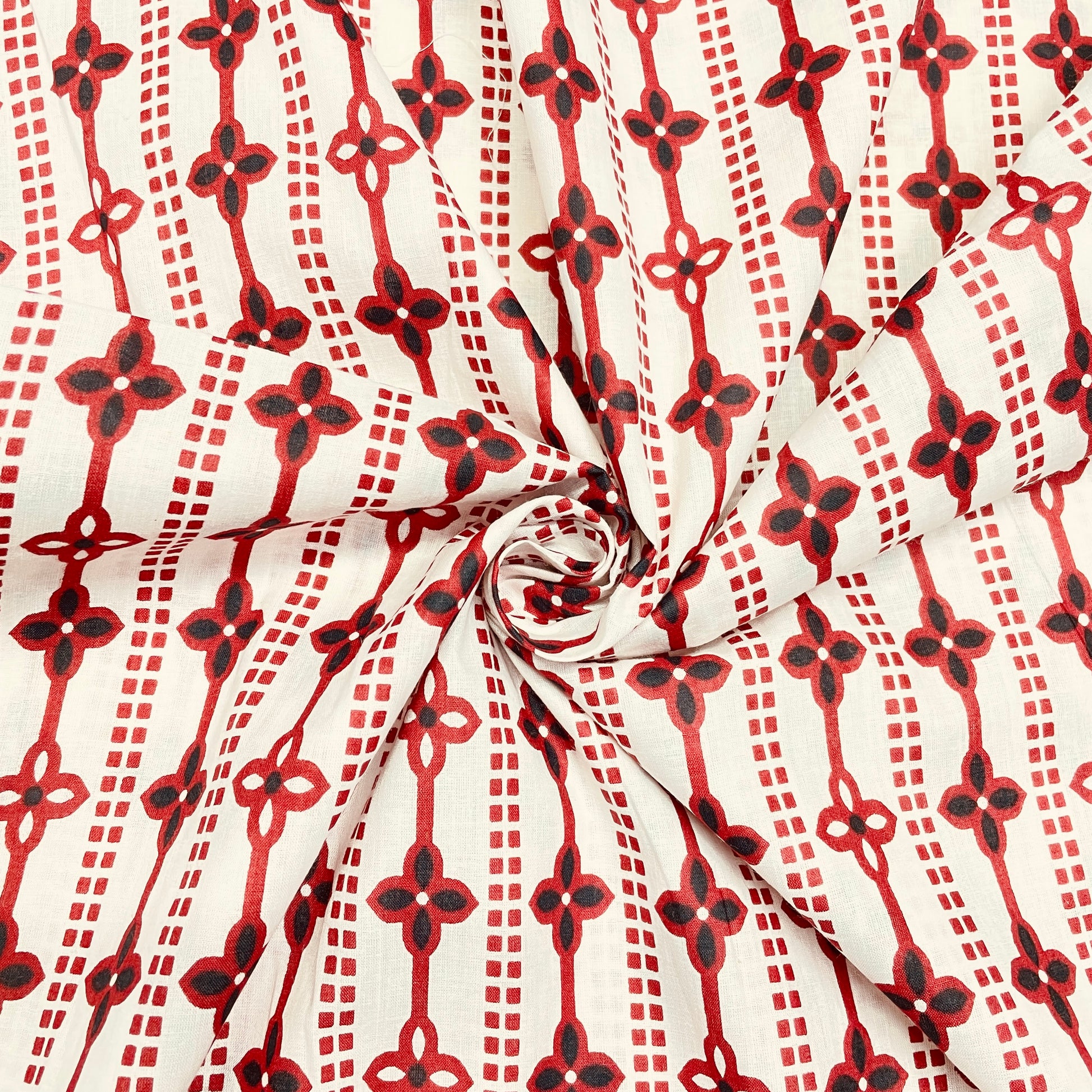 White & Red Geometrical Print Cotton Fabric - TradeUNO