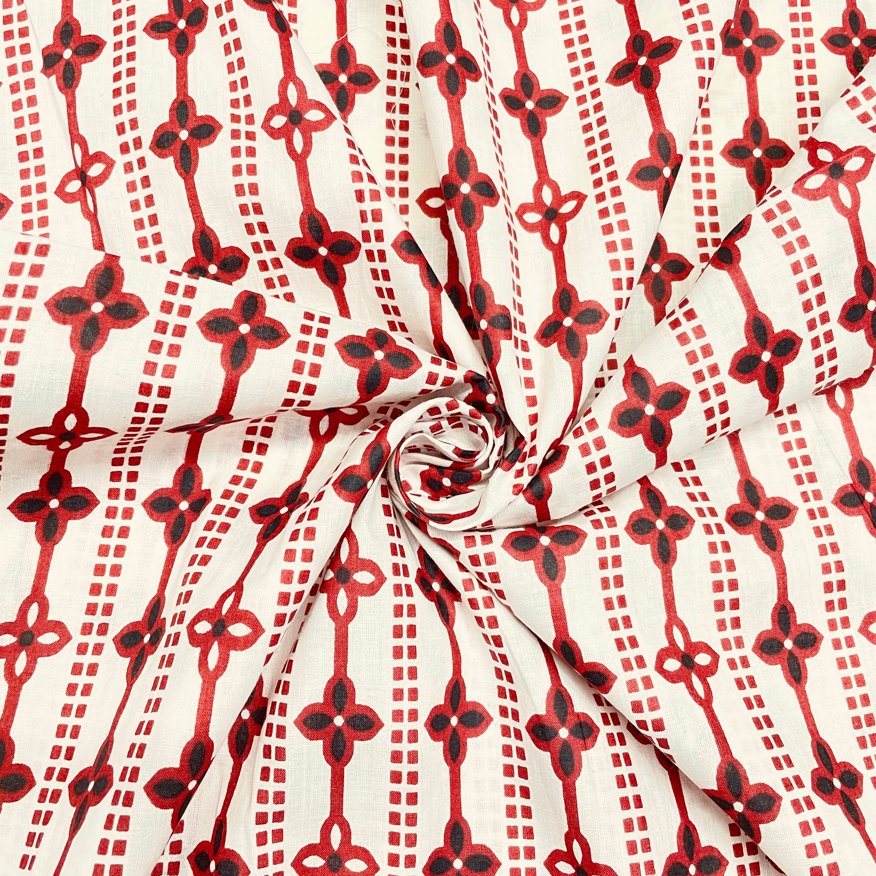 White & Red Geometrical Print Cotton Fabric - TradeUNO