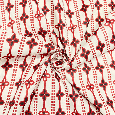 White & Red Geometrical Print Cotton Fabric - TradeUNO