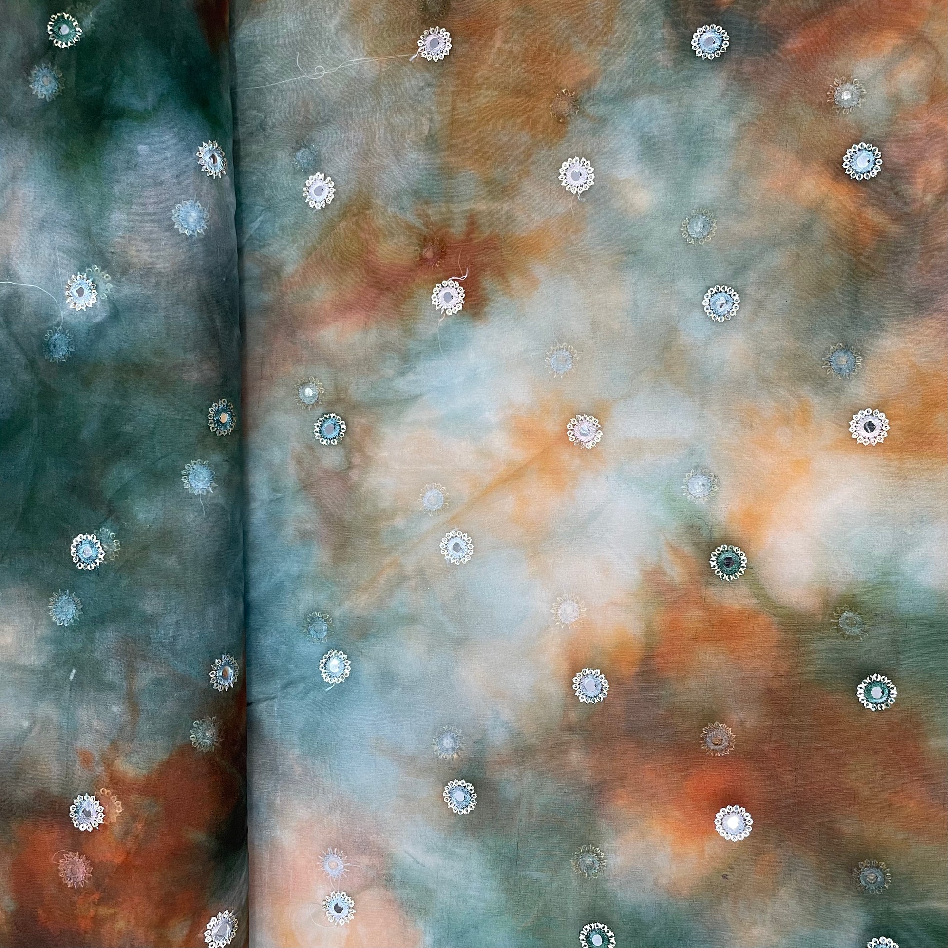 White With Multicolor Tie & Dye Mirror Embroidery Organza Fabric - TradeUNO