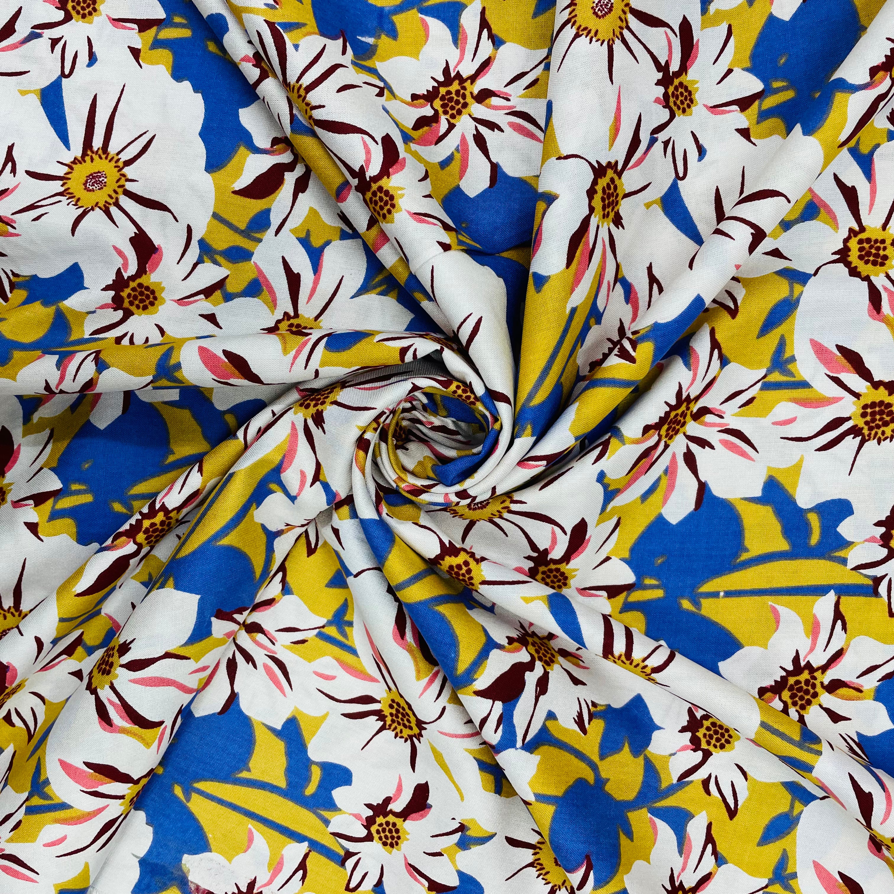 Mustard With White Floral Print Rayon Fabric - TradeUNO