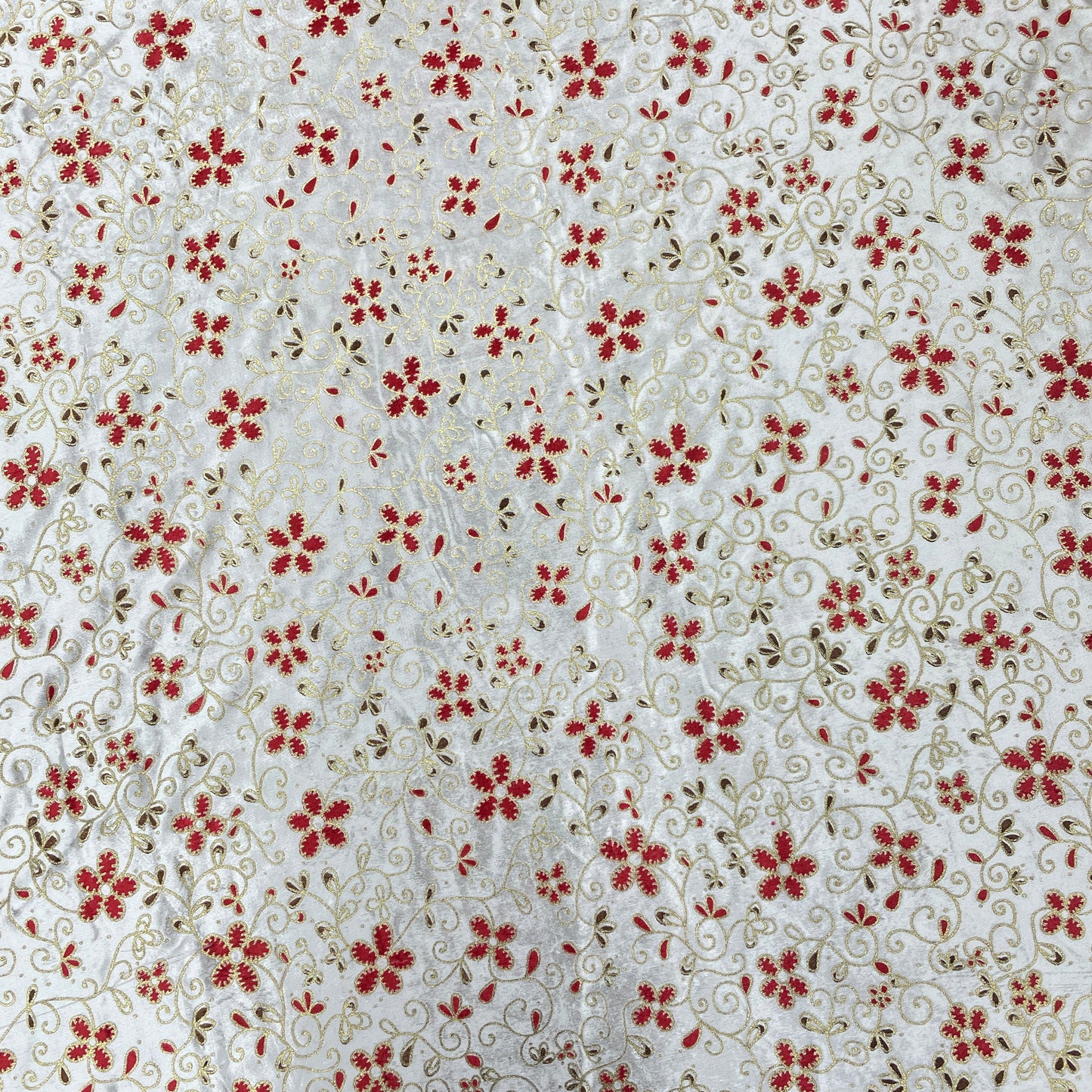 White Red Floral Print Brasso Velvet Fabric - TradeUNO