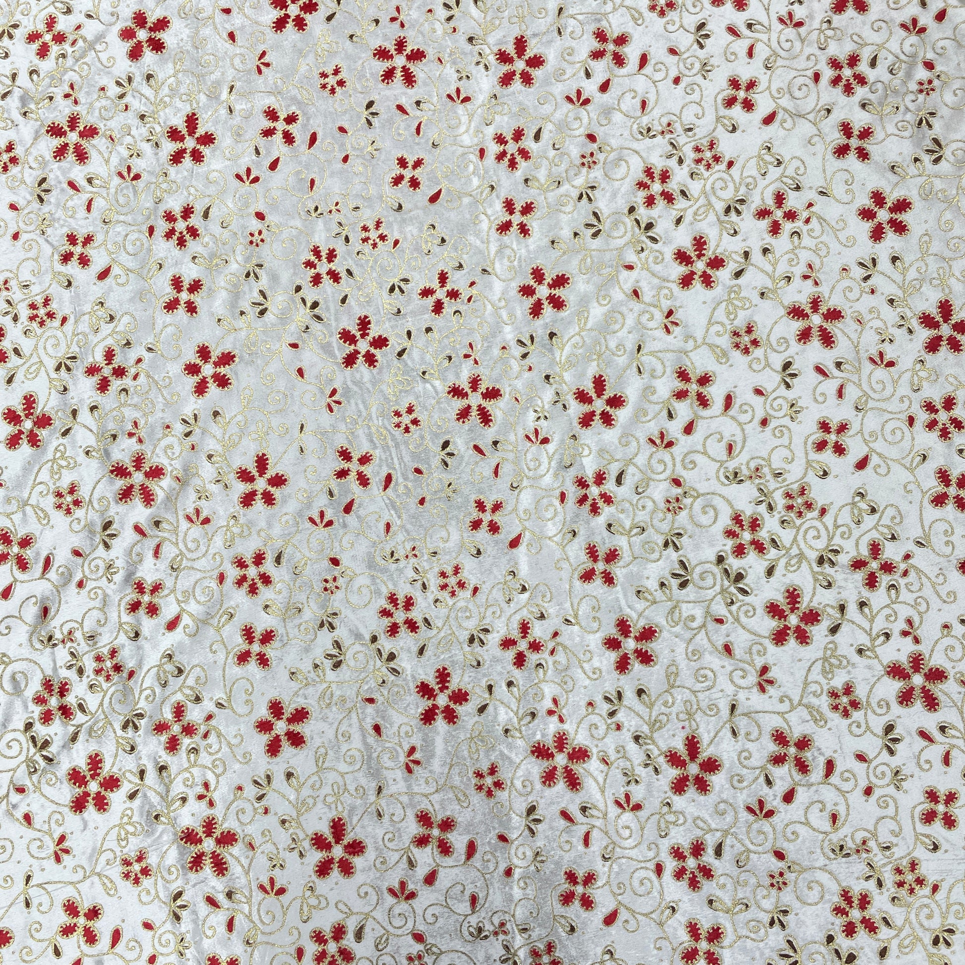 White Red Floral Print Brasso Velvet Fabric - TradeUNO