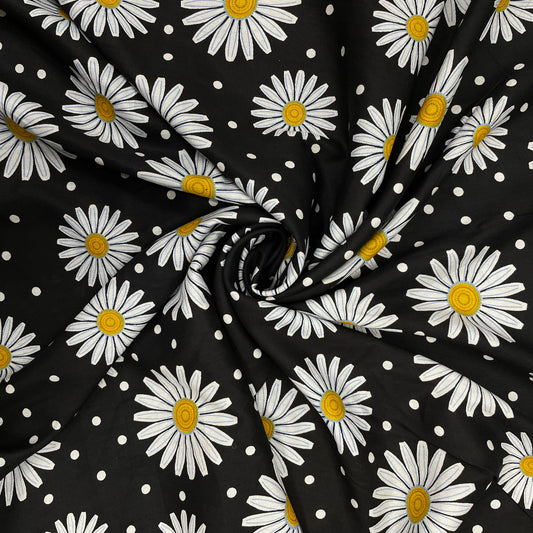 Black With White Floral Print Rayon Fabric