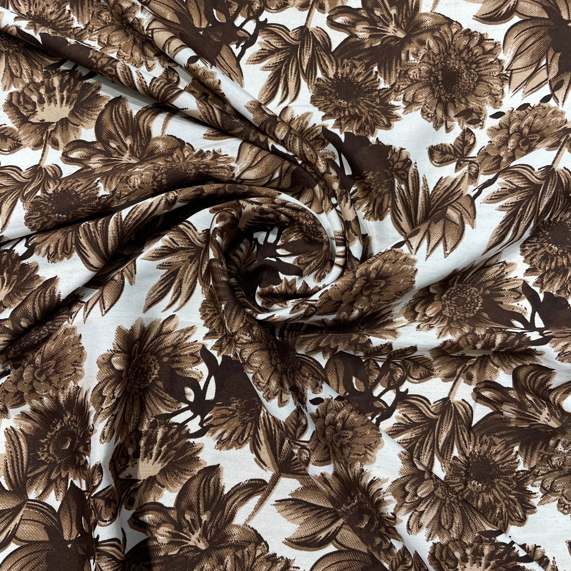 White With Brown Floral Crepe Fabric - TradeUNO
