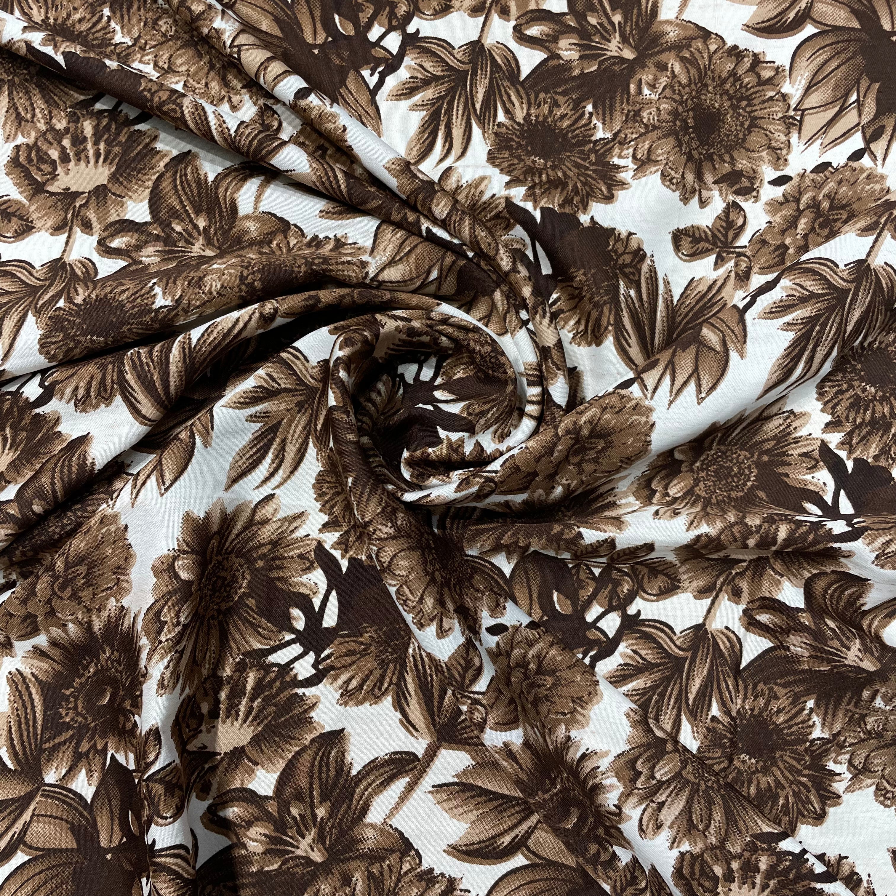 White With Brown Floral Crepe Fabric - TradeUNO