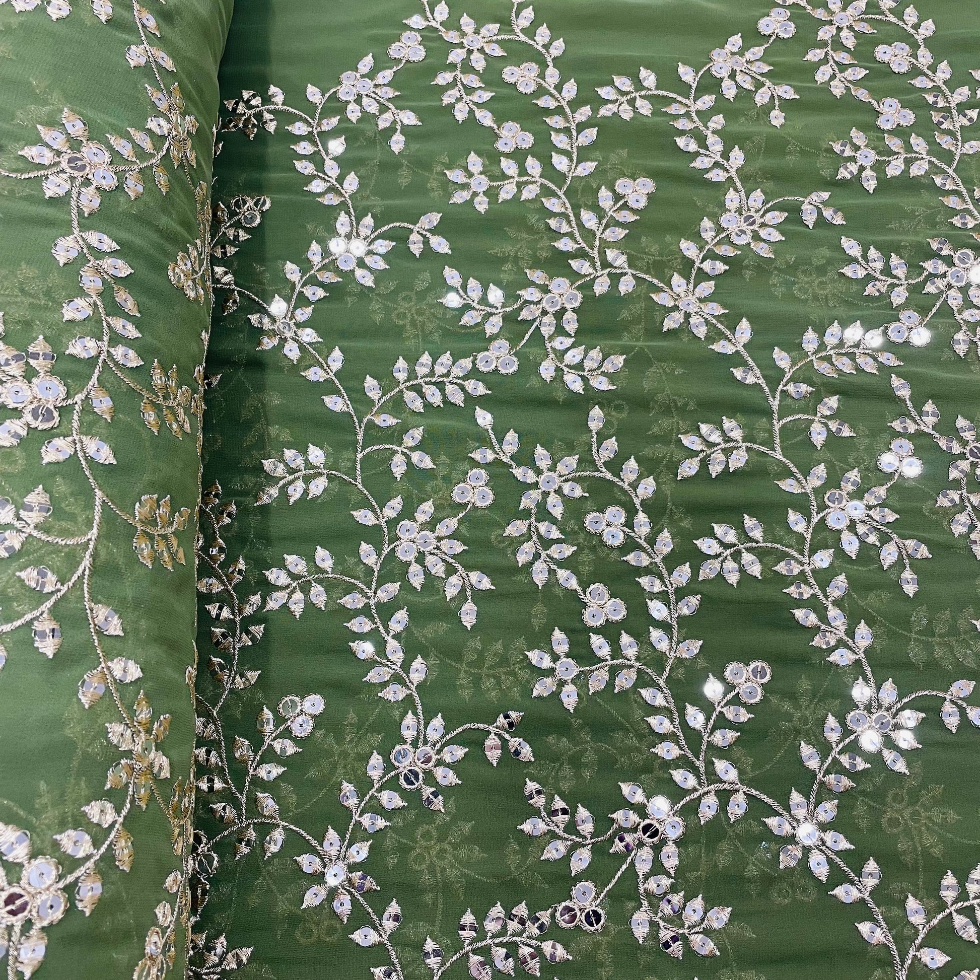 Fern Green Leaf Embroidery Sequence Georgette Fabric - TradeUNO
