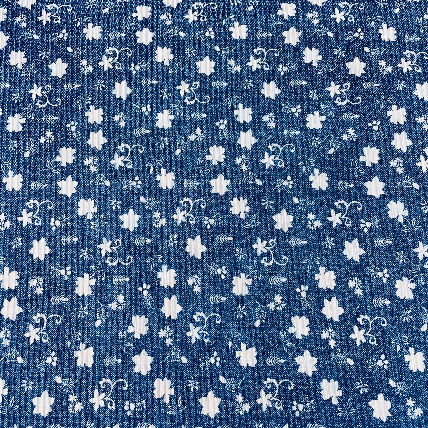 Navy Blue Floral Pleated Knitted Satin Fabric - TradeUNO