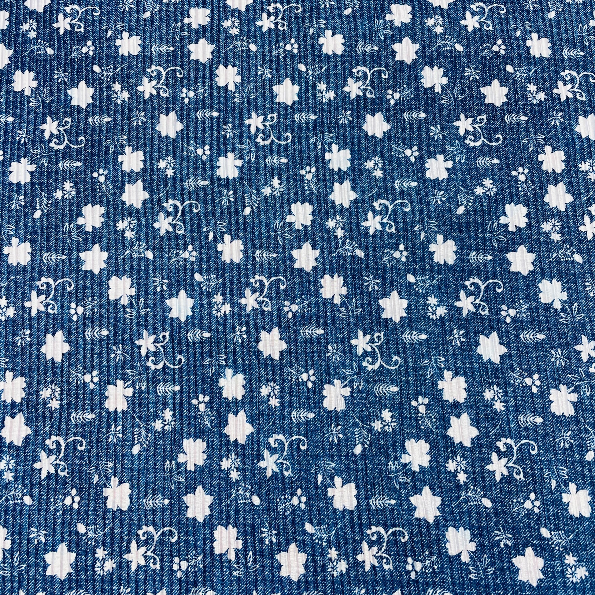 Navy Blue Floral Pleated Knitted Satin Fabric - TradeUNO