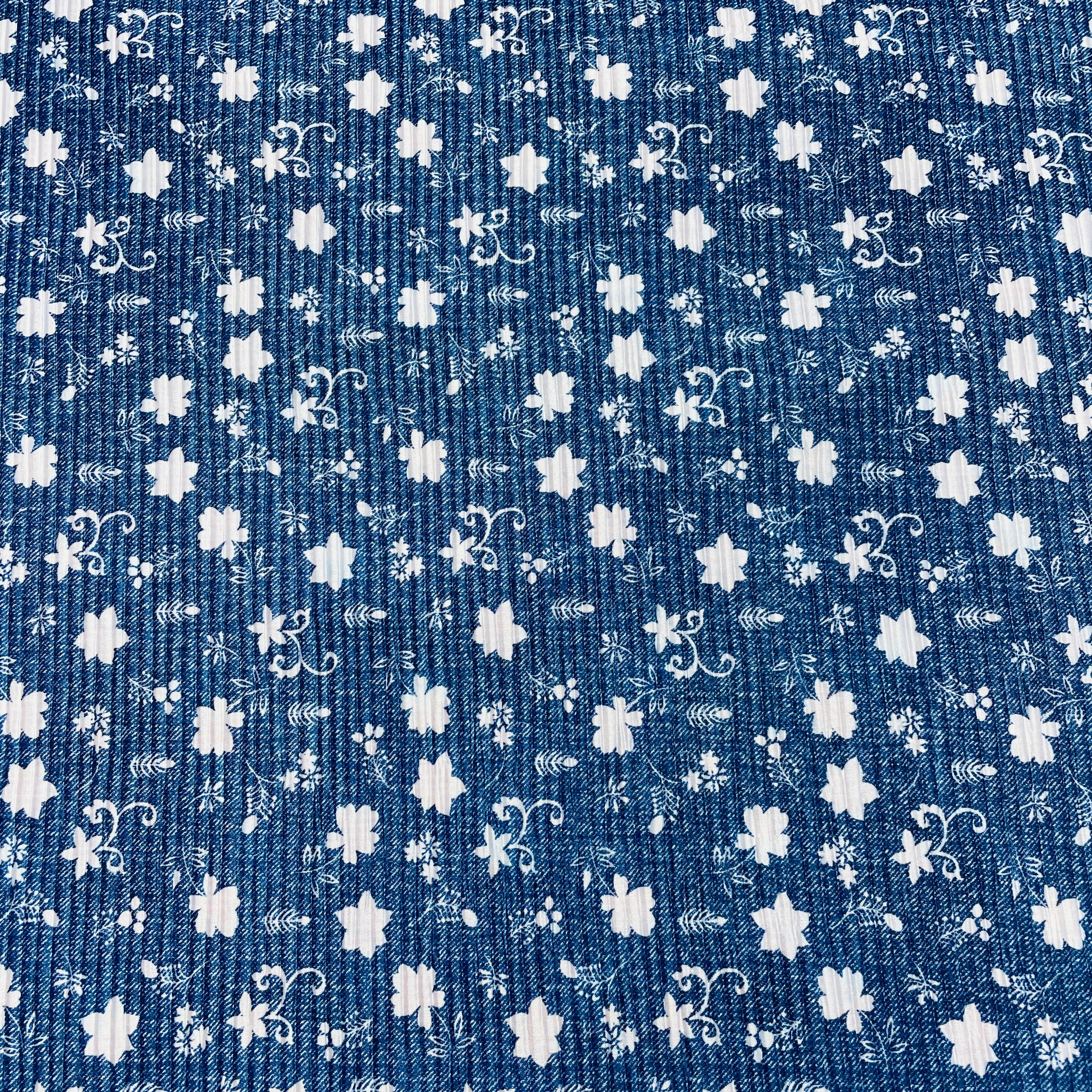 Navy Blue Floral Pleated Knitted Satin Fabric - TradeUNO