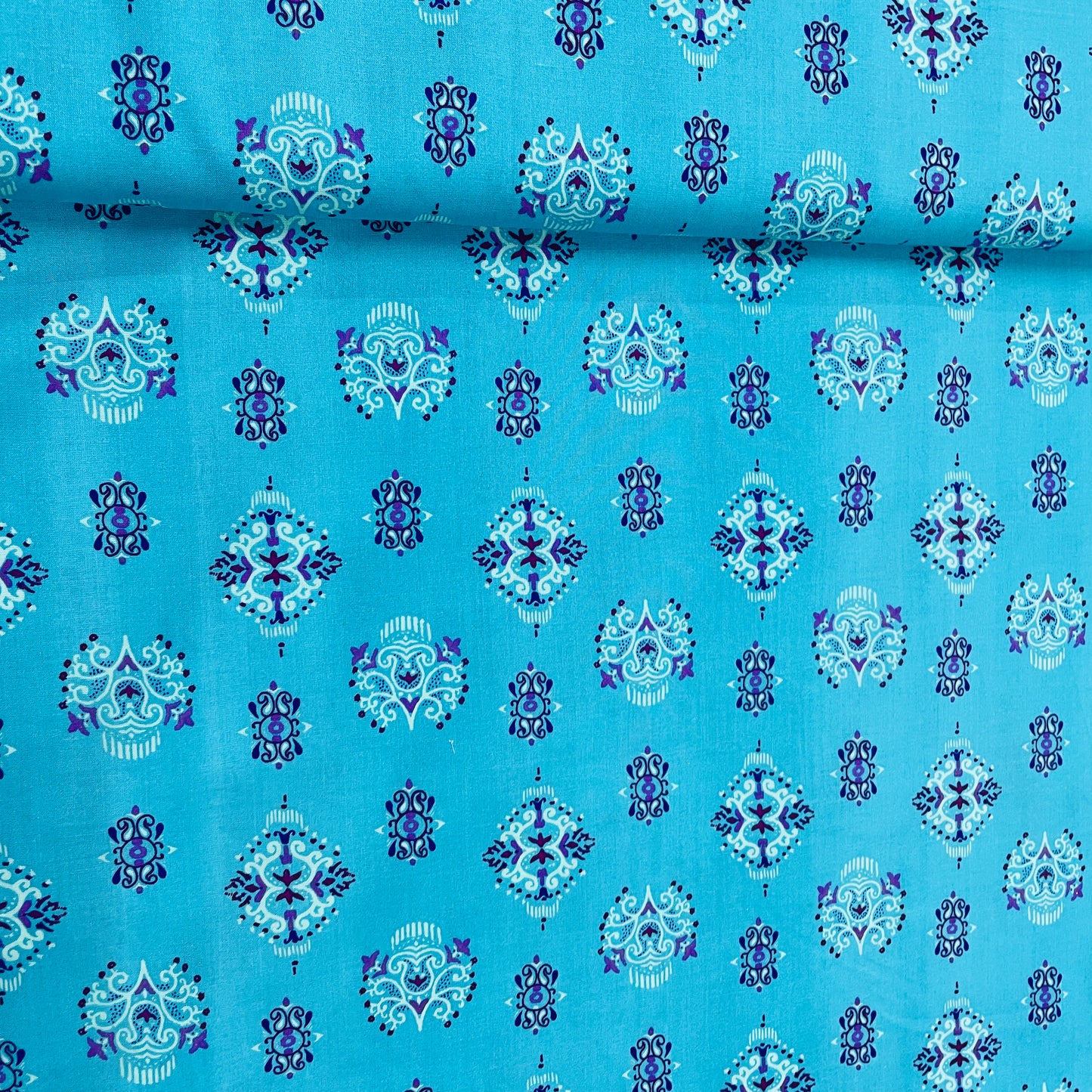 Sky Blue Traditional Print Rayon Fabric - TradeUNO