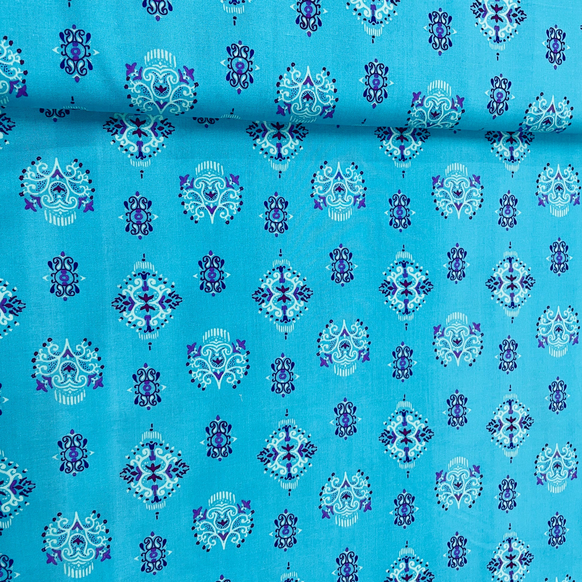 Sky Blue Traditional Print Rayon Fabric - TradeUNO