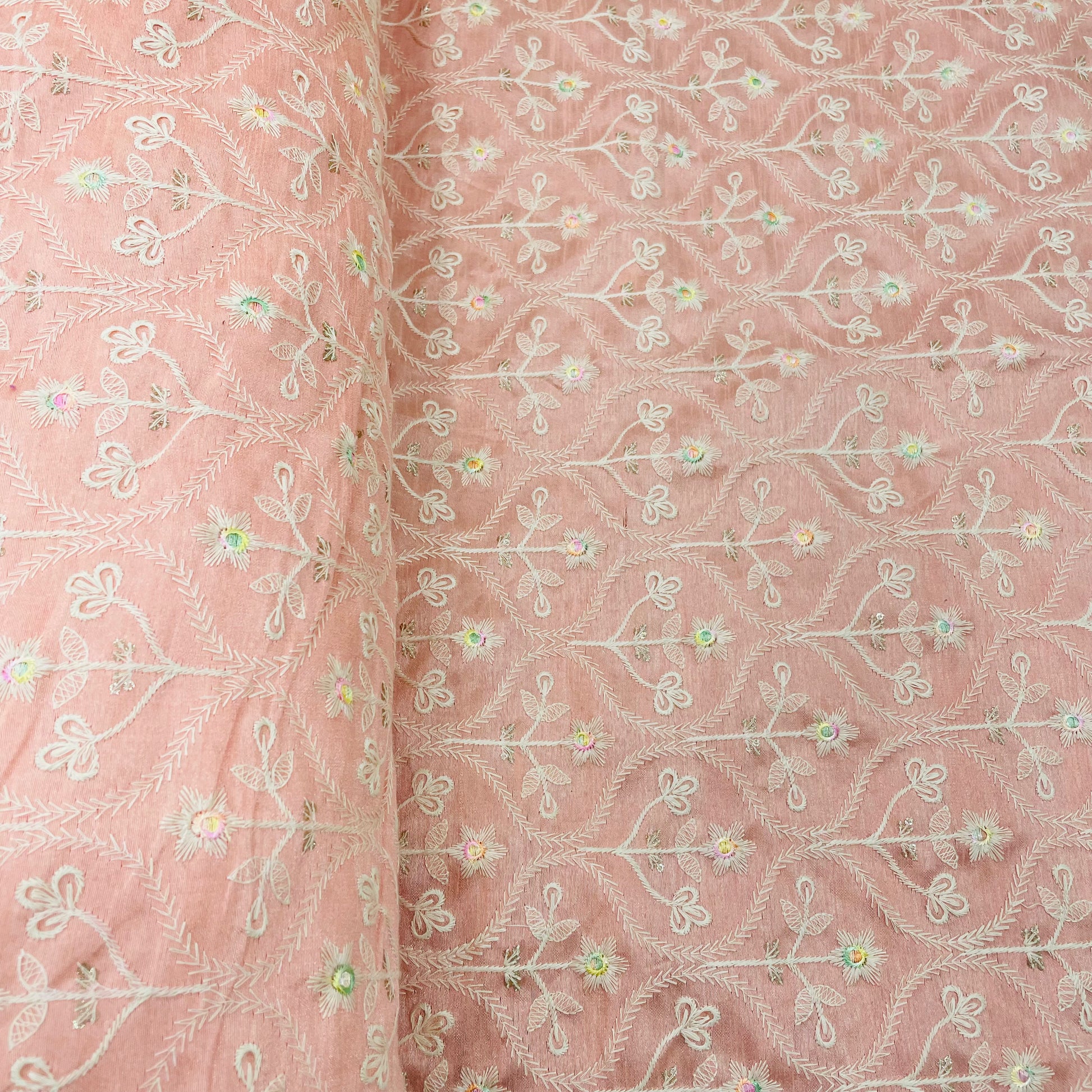 Peach Floral Embroidery Dupion Silk Fabric - TradeUNO
