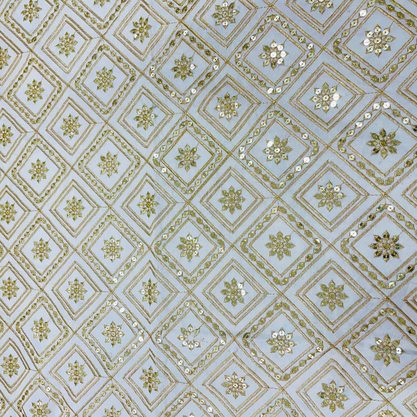 White with gold zari Embroidery Sequence Dyeable Georgette Fabric - TradeUNO