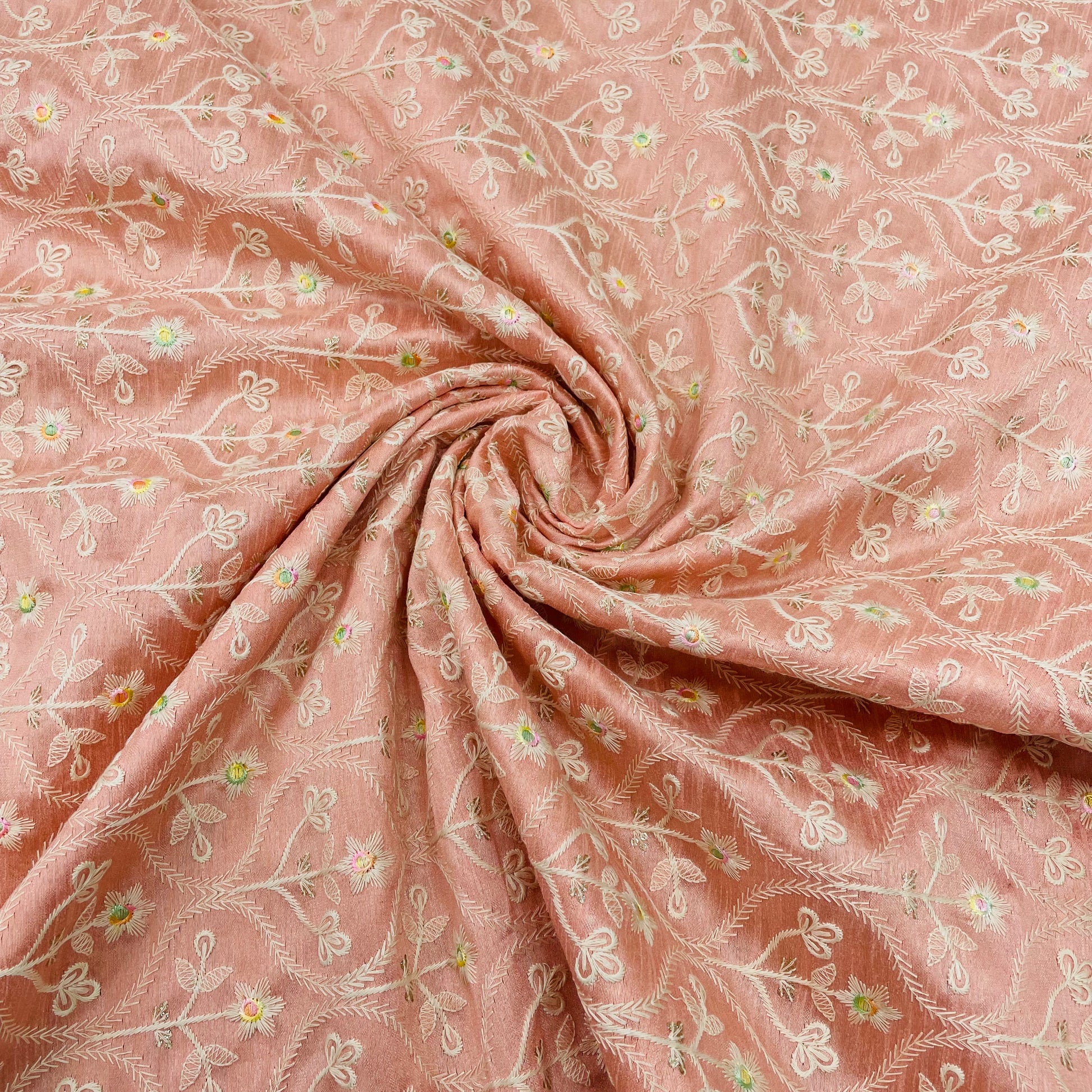 Peach Floral Embroidery Dupion Silk Fabric - TradeUNO