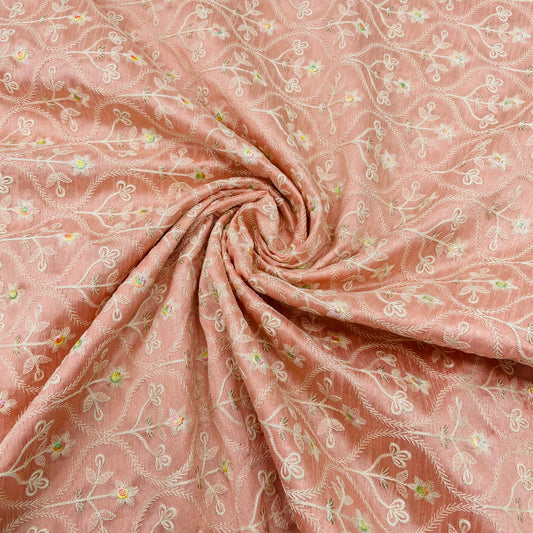 Peach Floral Embroidery Dupion Silk Fabric