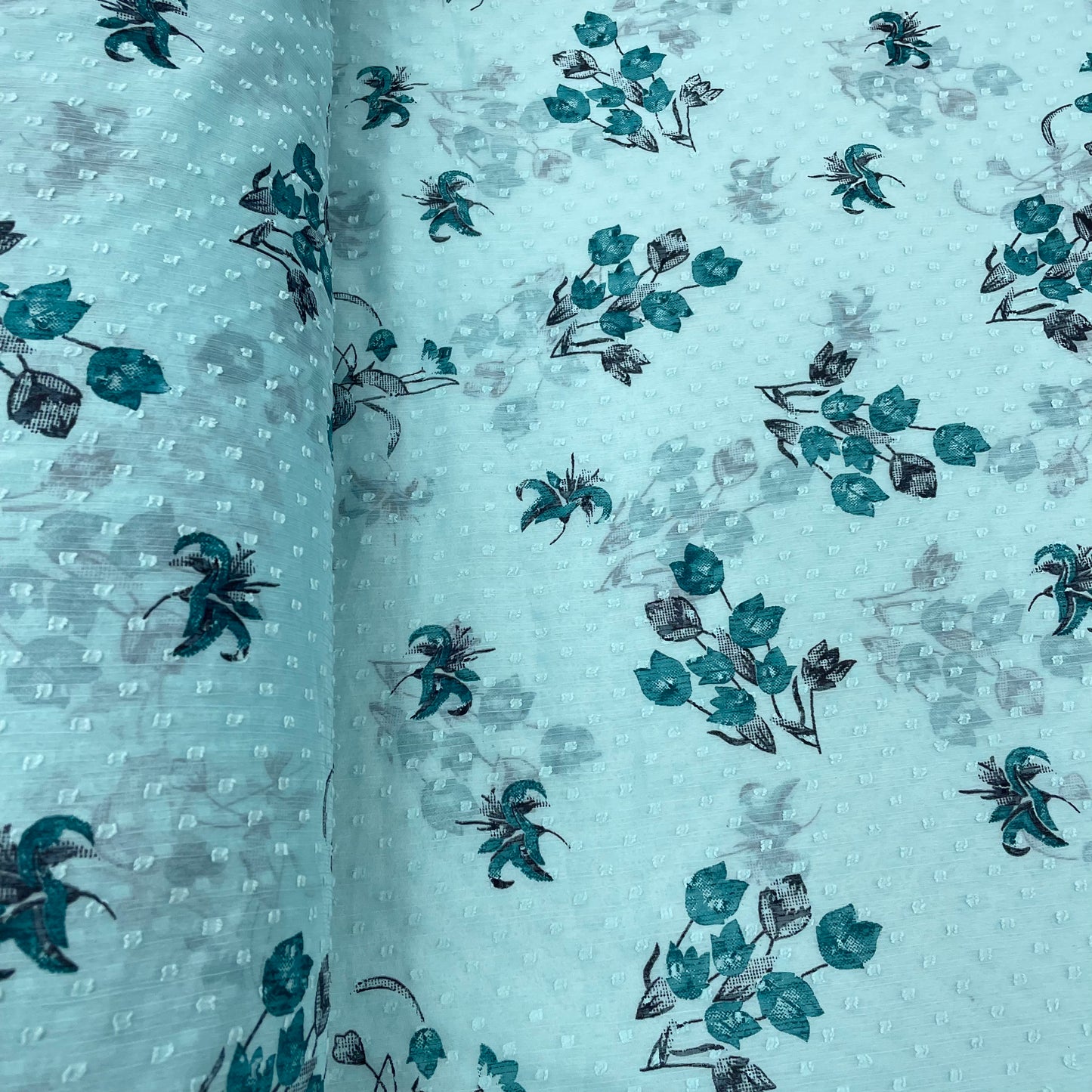 Light Blue With Blue Floral Chiffon Dobby Fabric - TradeUNO