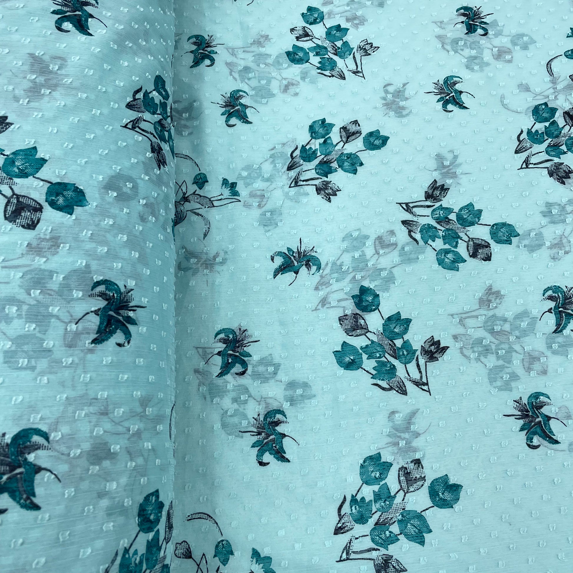 Light Blue With Blue Floral Chiffon Dobby Fabric - TradeUNO