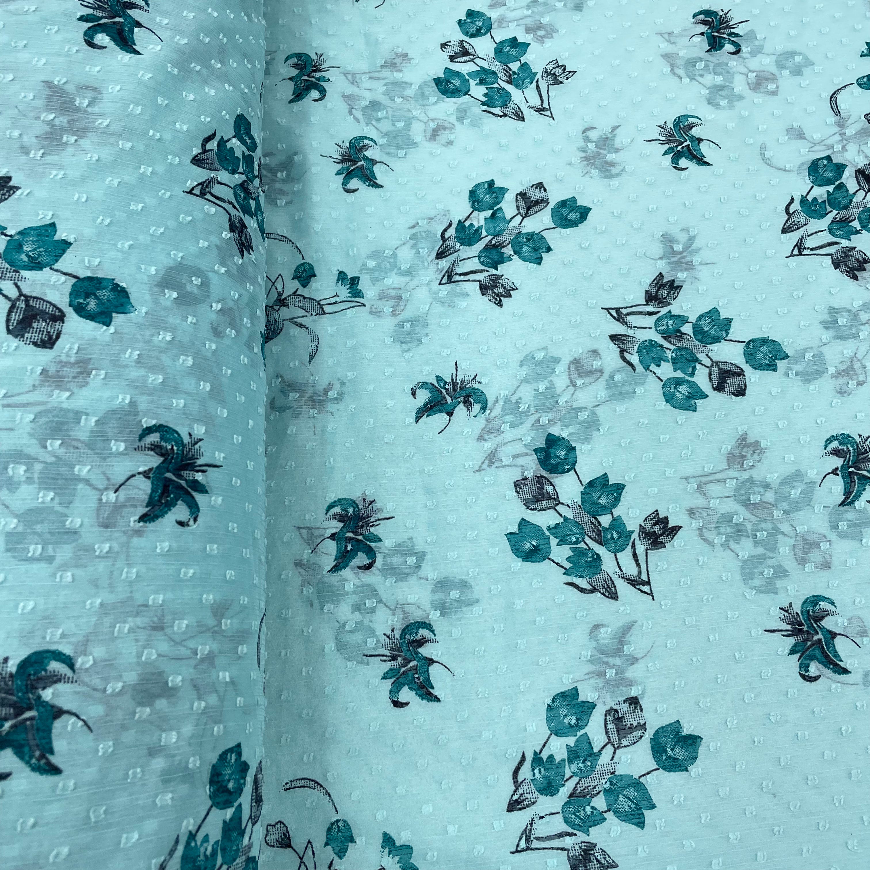 Light Blue With Blue Floral Chiffon Dobby Fabric - TradeUNO