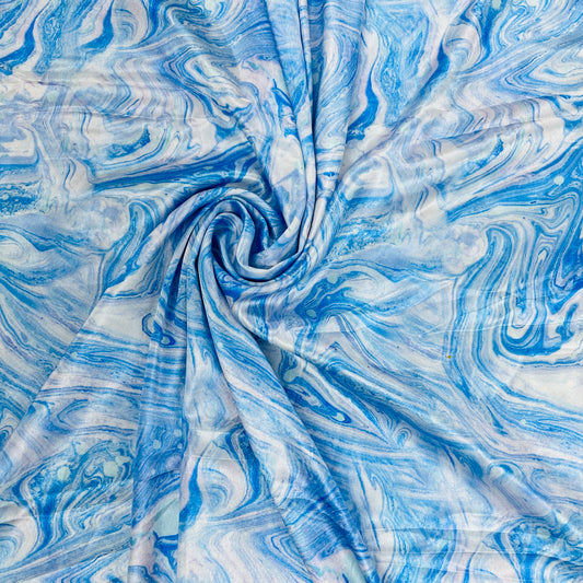 White & Blue Marble Print Poly Satin Fabric