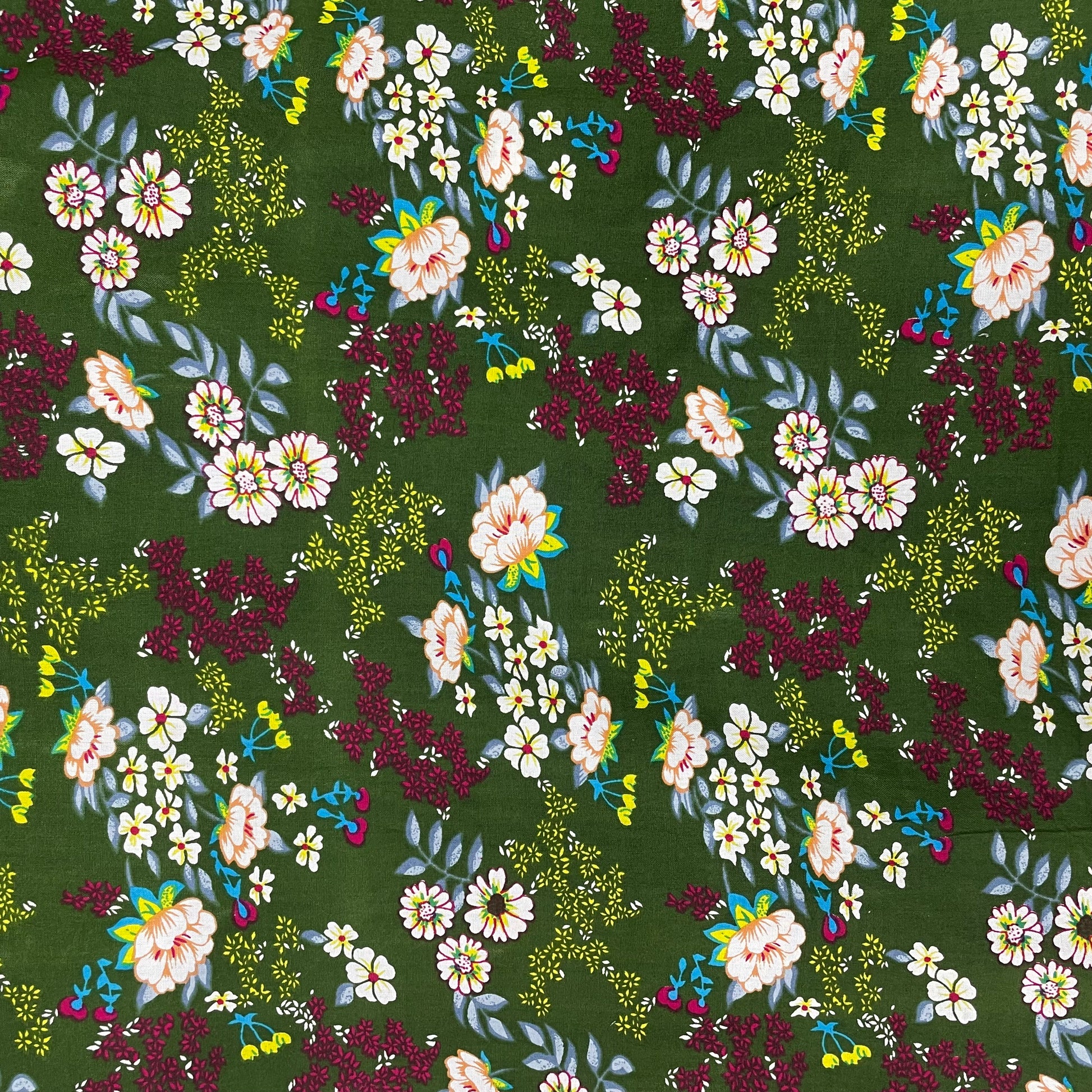 Green With White Floral Print Rayon Fabric - TradeUNO