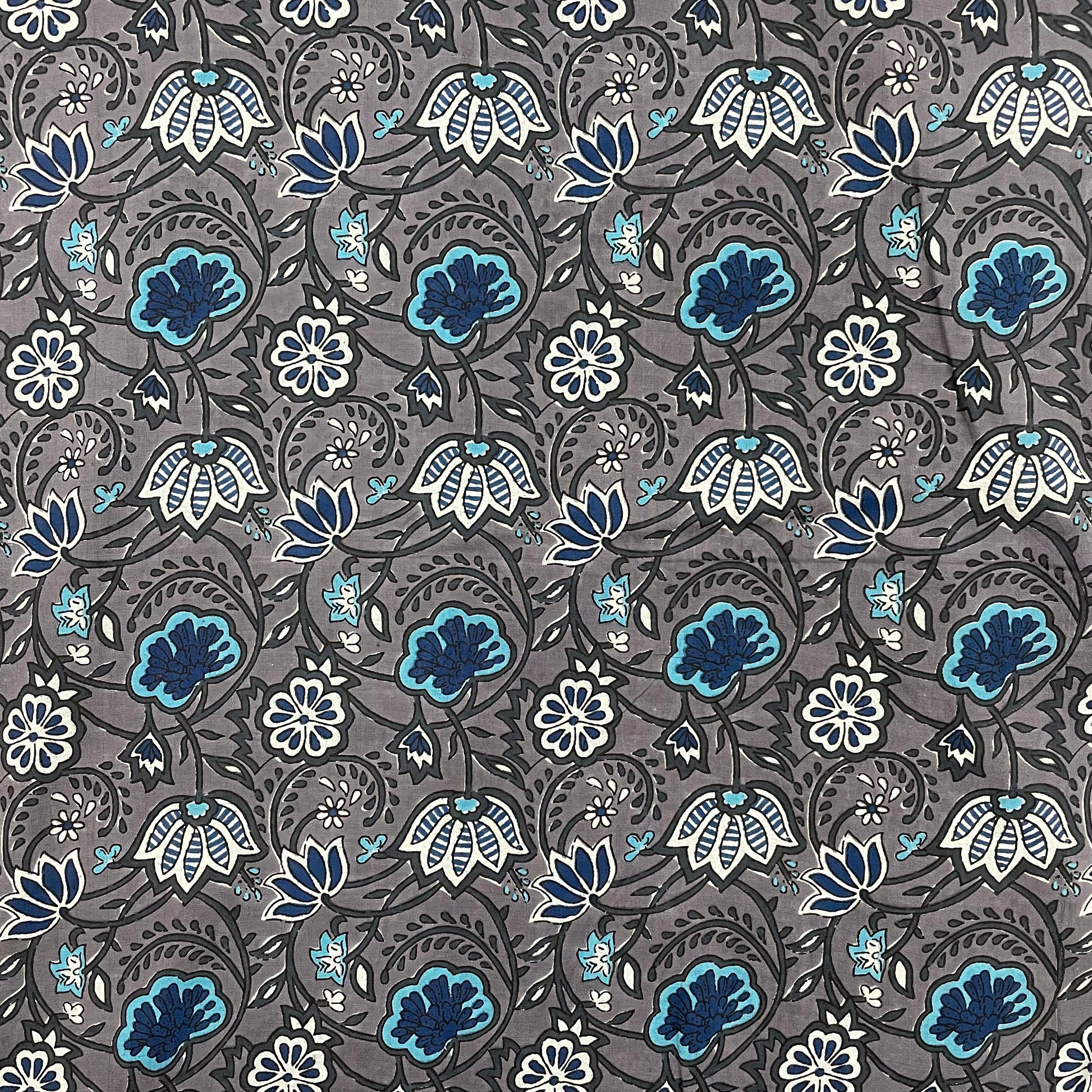 Grey With Blue Floral Print Cotton Fabric - TradeUNO