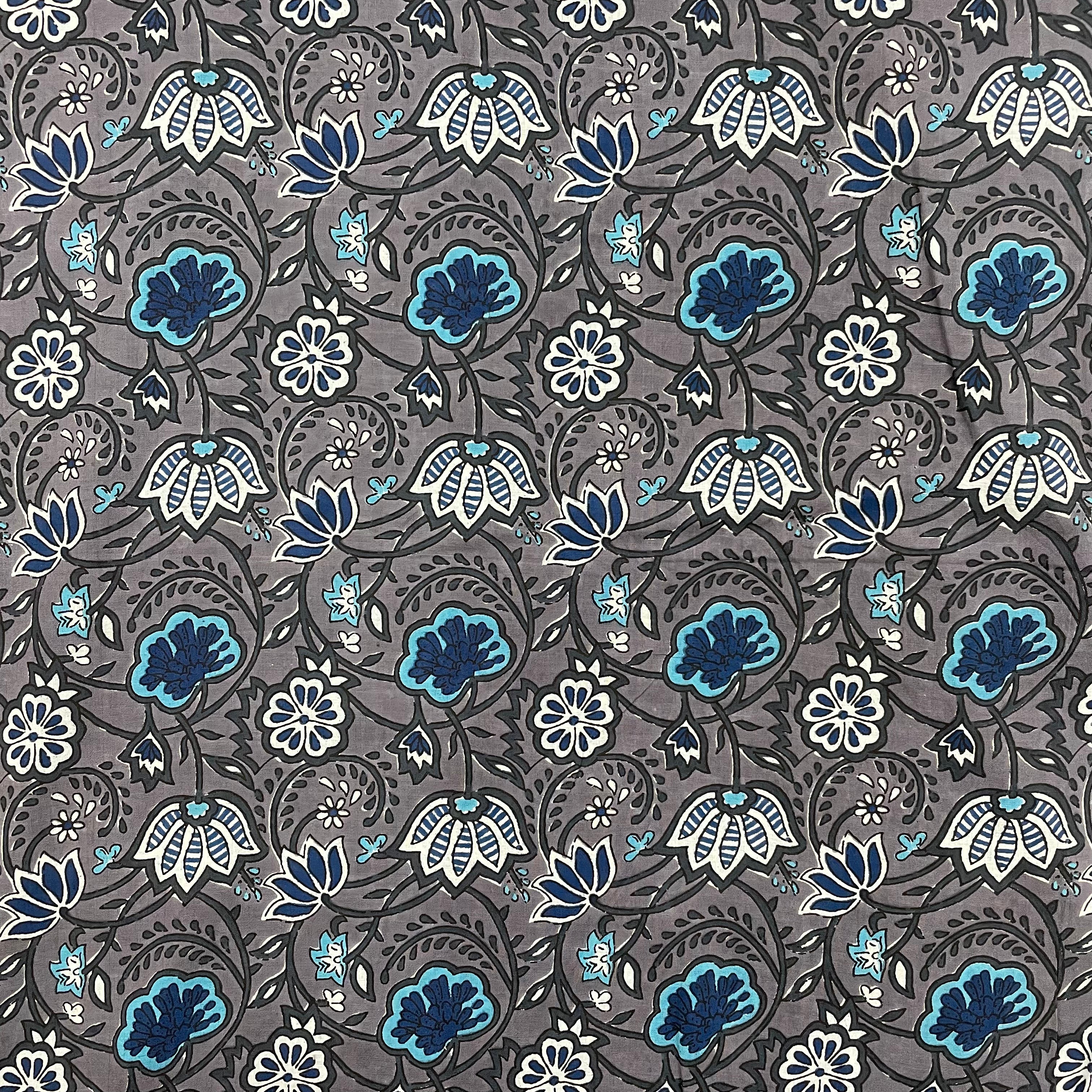 Grey With Blue Floral Print Cotton Fabric - TradeUNO