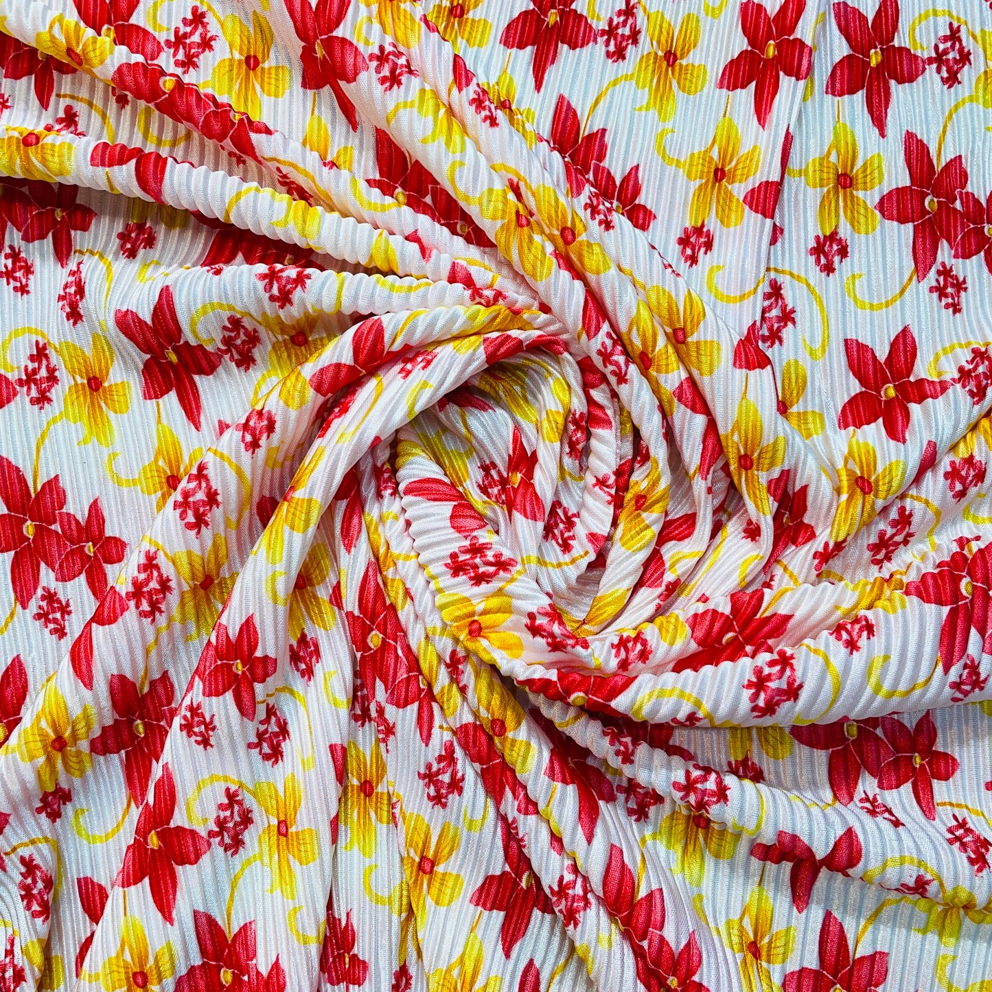 White With Red Yellow Floral Pleated Knitted Satin Fabric - TradeUNO