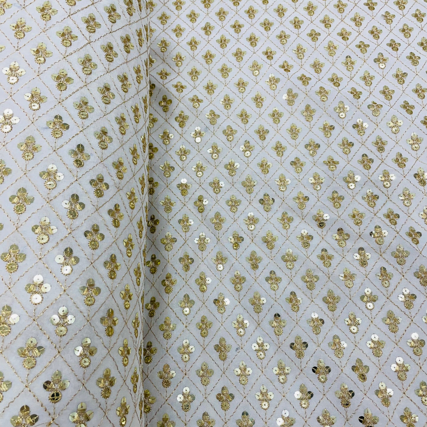 White With Gold Zari Embroidery Sequence Dyeable Georgette Fabric - TradeUNO