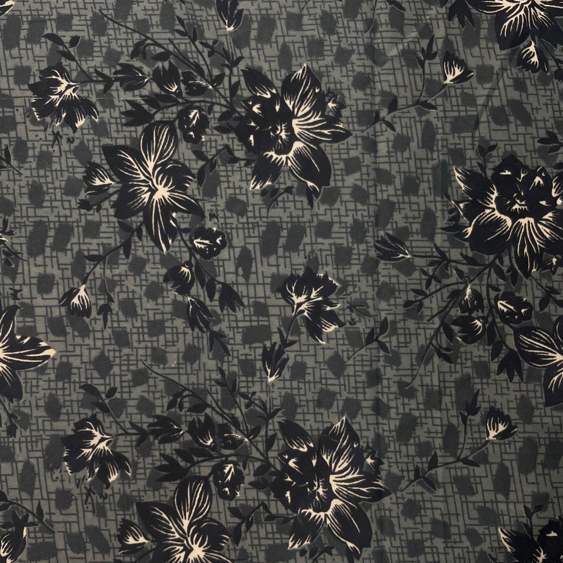 Grey With Black Floral Crepe Fabric - TradeUNO