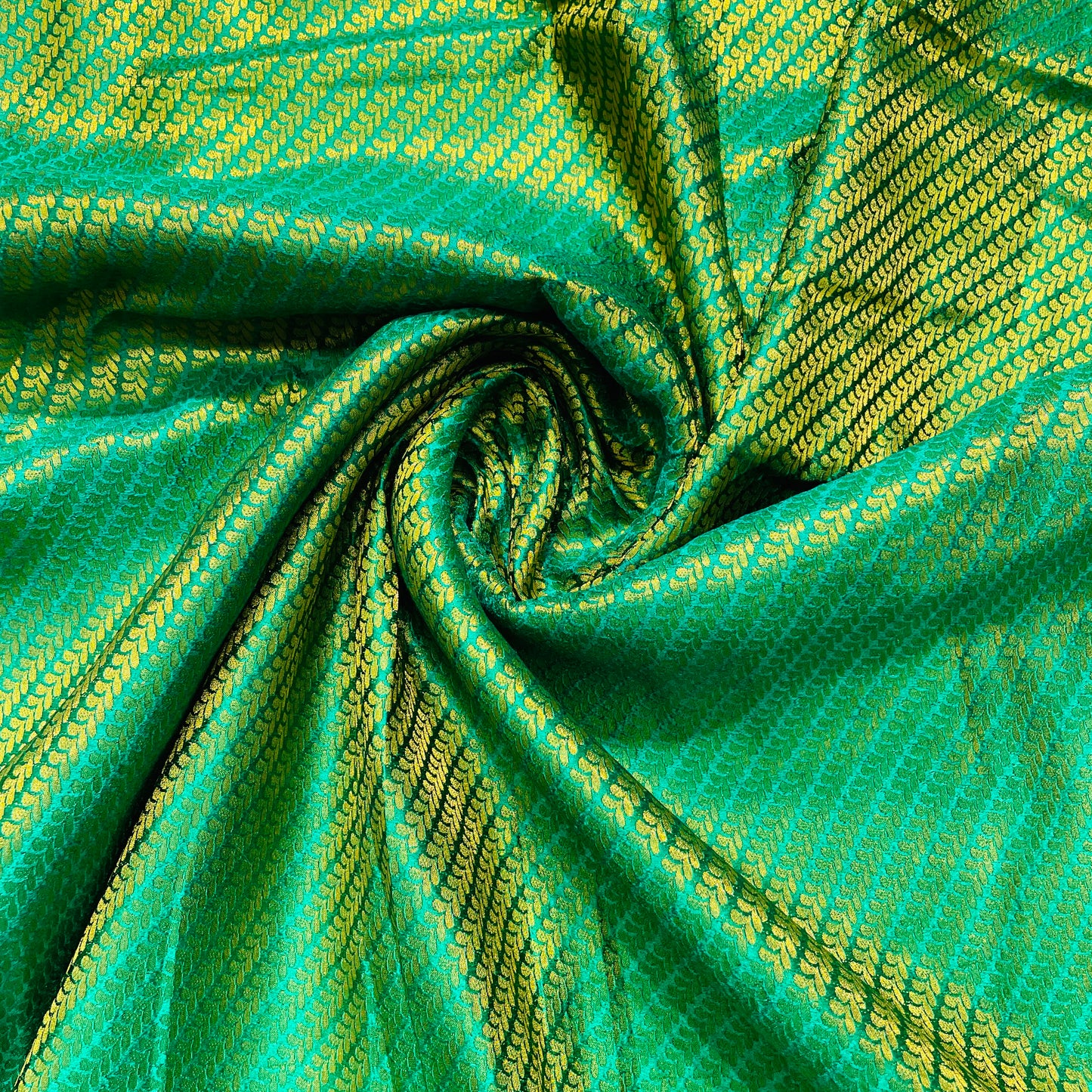 Green With Gold Zari Leaf Print Banarasi Brocade Fabric - TradeUNO