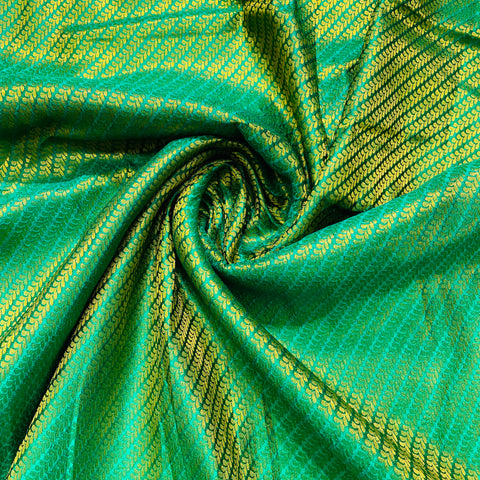Green With Gold Zari Leaf Print Banarasi Brocade Fabric - TradeUNO