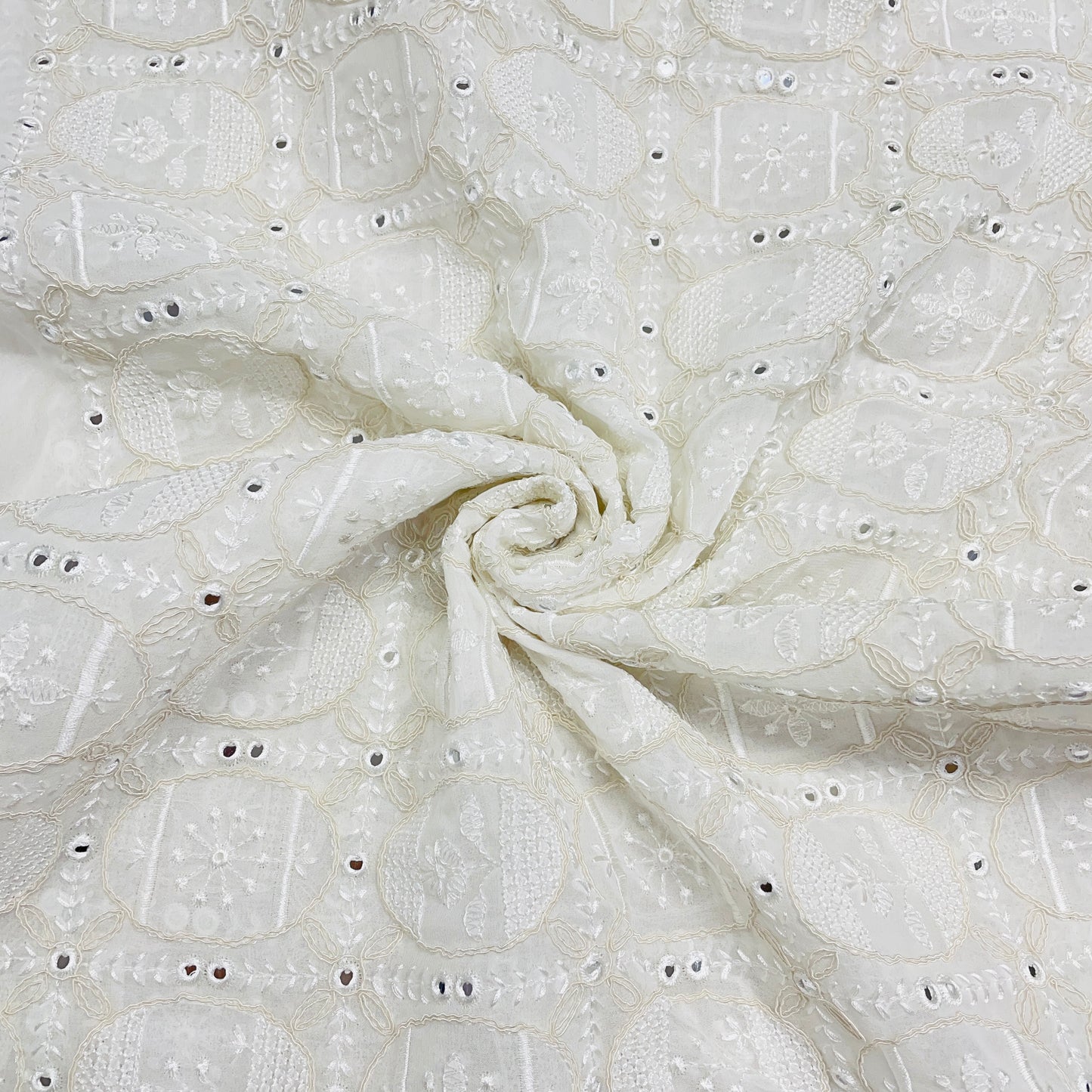 White Floral Sequence Thread Embrodiery Dyeable Georgette Fabric