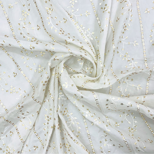 White Dyeable Floral Embroidery With Sequence Upada Silk Fabric