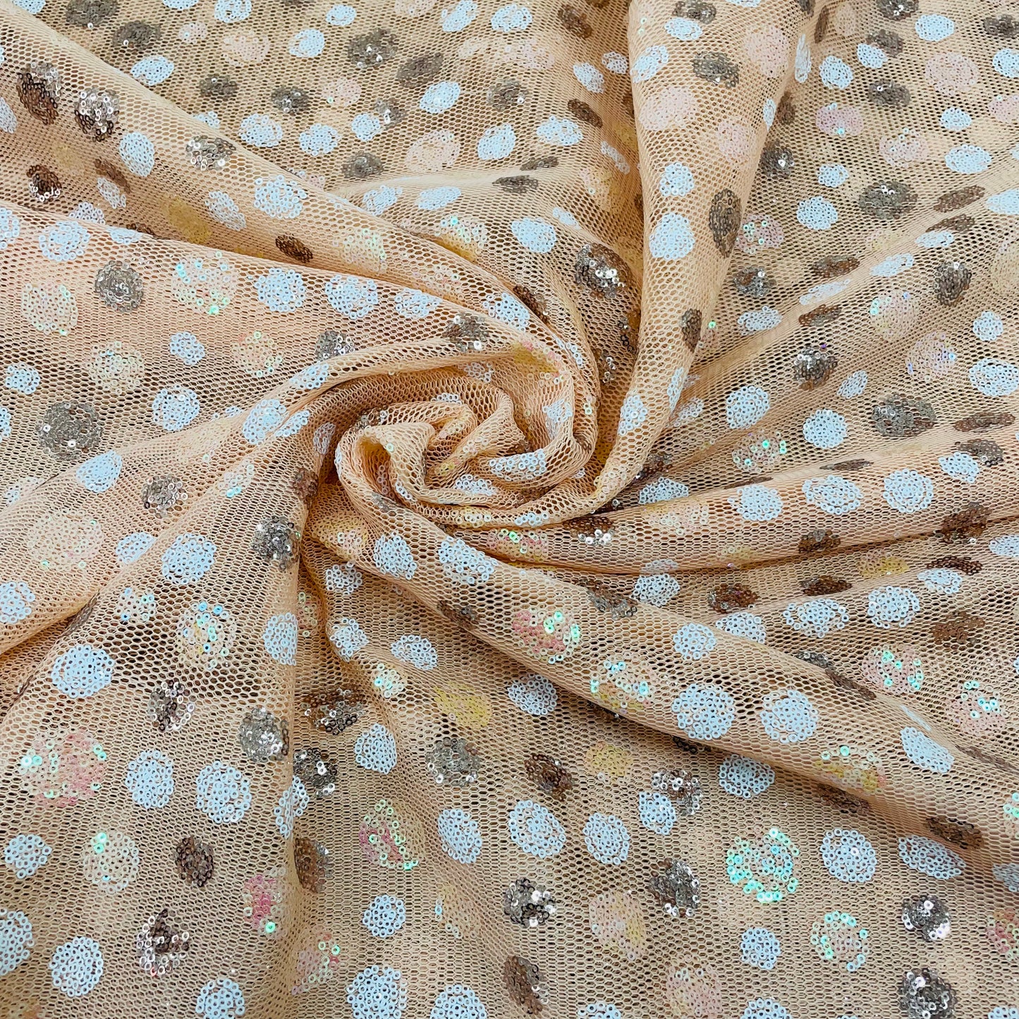 Peach with White Brown Sequence Embroidery Net Fabric - TradeUNO