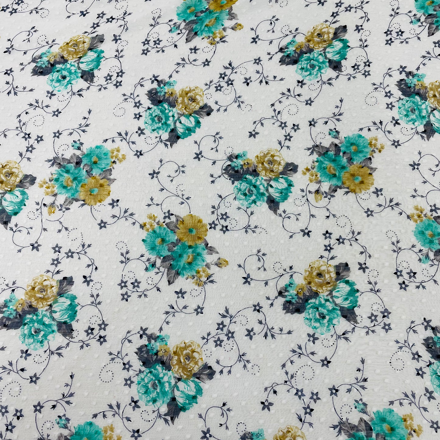 White with Green Floral Chiffon Dobby Fabric - TradeUNO