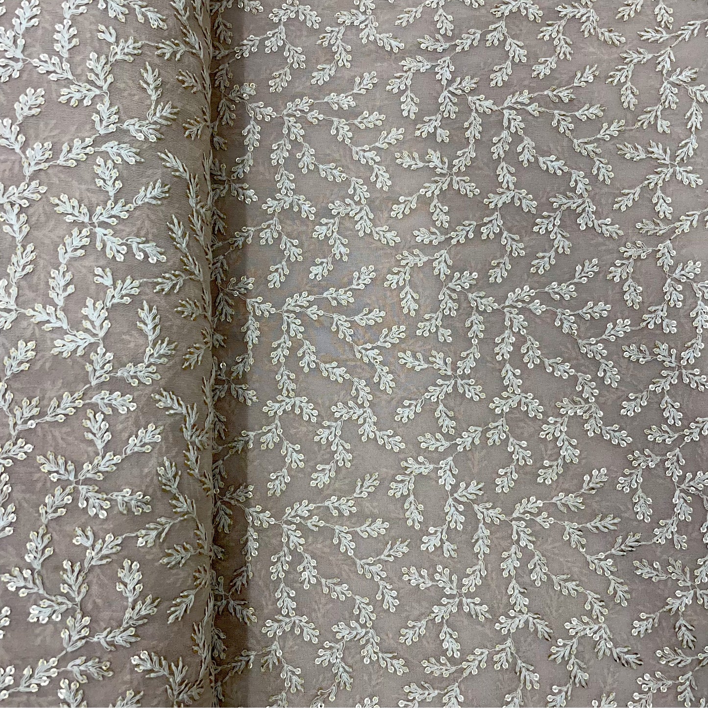 Cream Leaf Embroidery Sequence Georgette Fabric