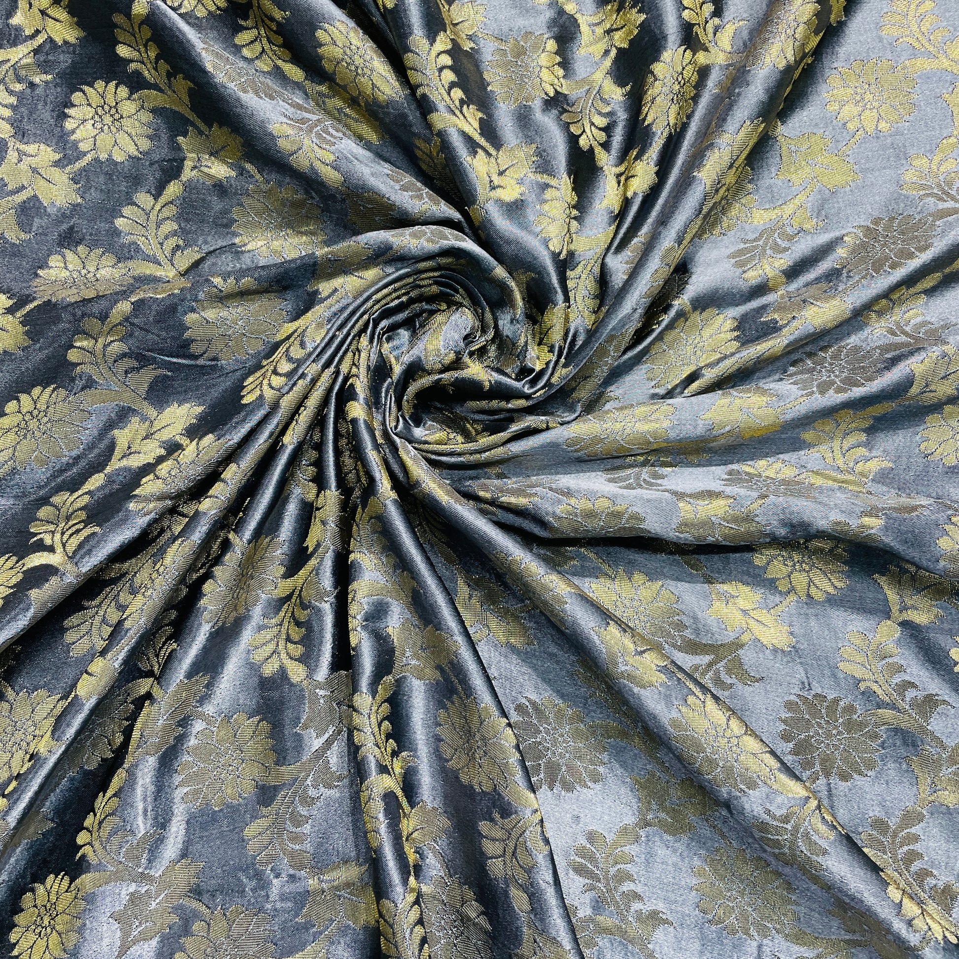 Grey With Gold Zari Floral Print Banarasi Brocade Fabric - TradeUNO