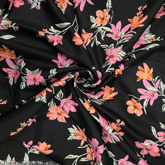 Black With Pink Floral Print Rayon Fabric