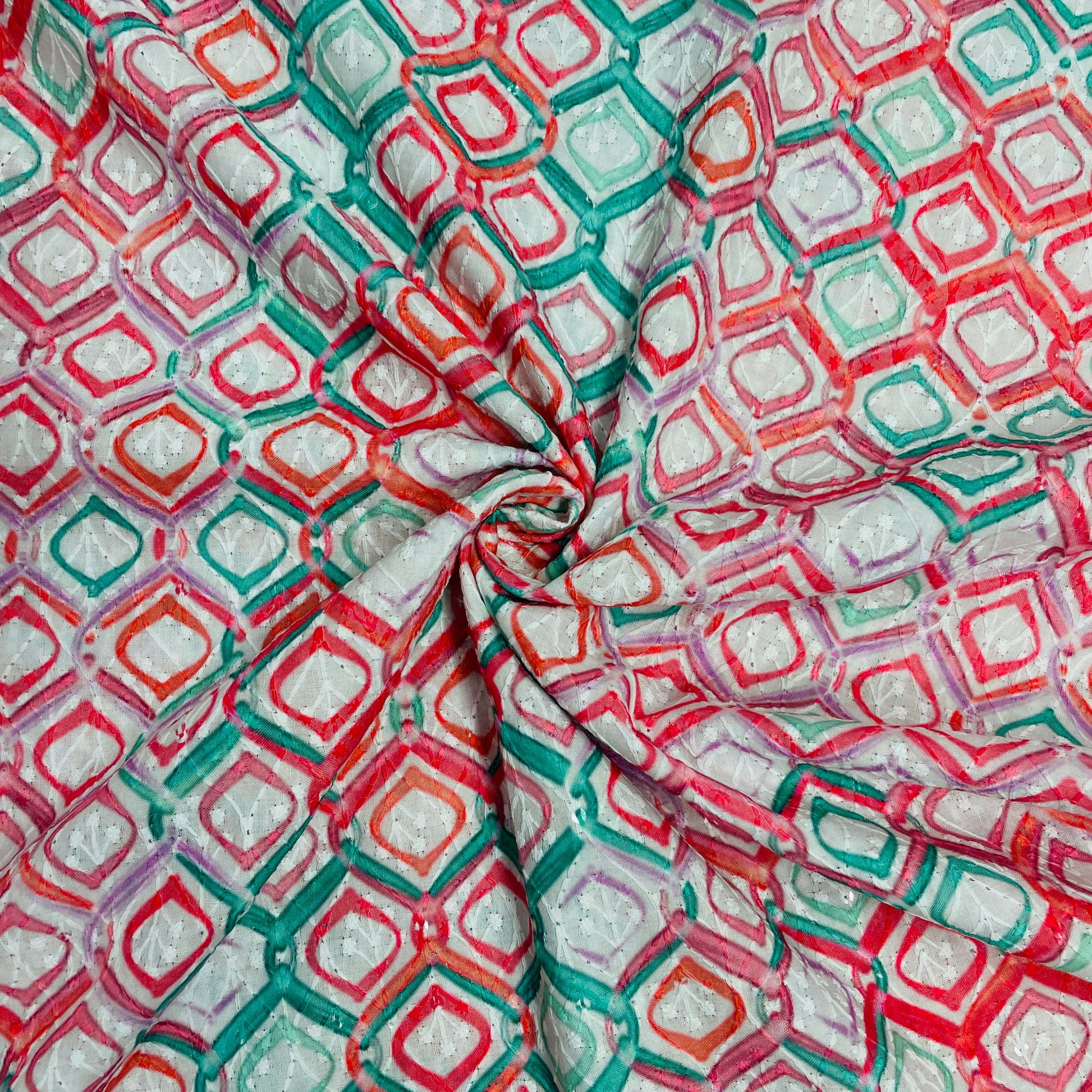 grey with multicolor geomaterical print sequence embroidery blended cotton fabric 9