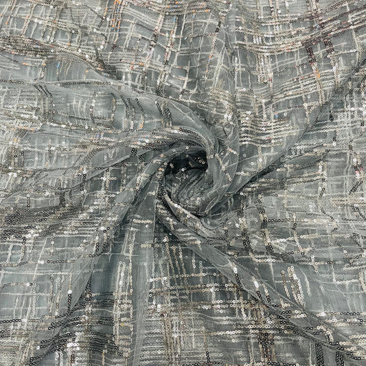 Grey Checks Sequence Embroidery Net Fabric