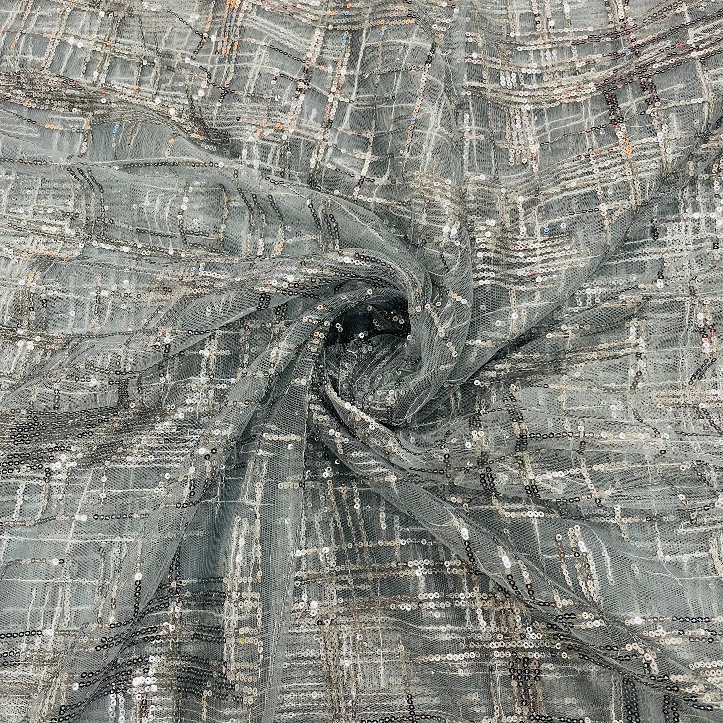 Grey Checks Sequence Embroidery Net Fabric - TradeUNO