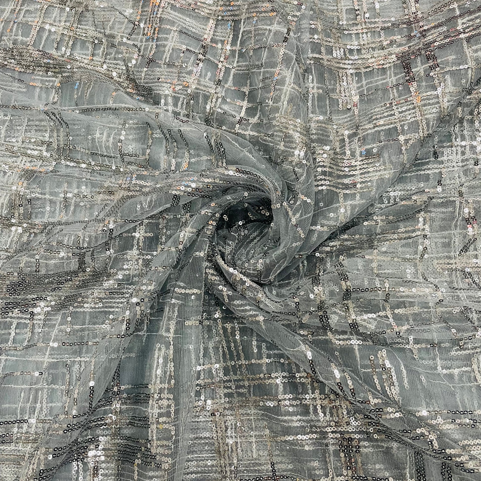 Grey Checks Sequence Embroidery Net Fabric - TradeUNO