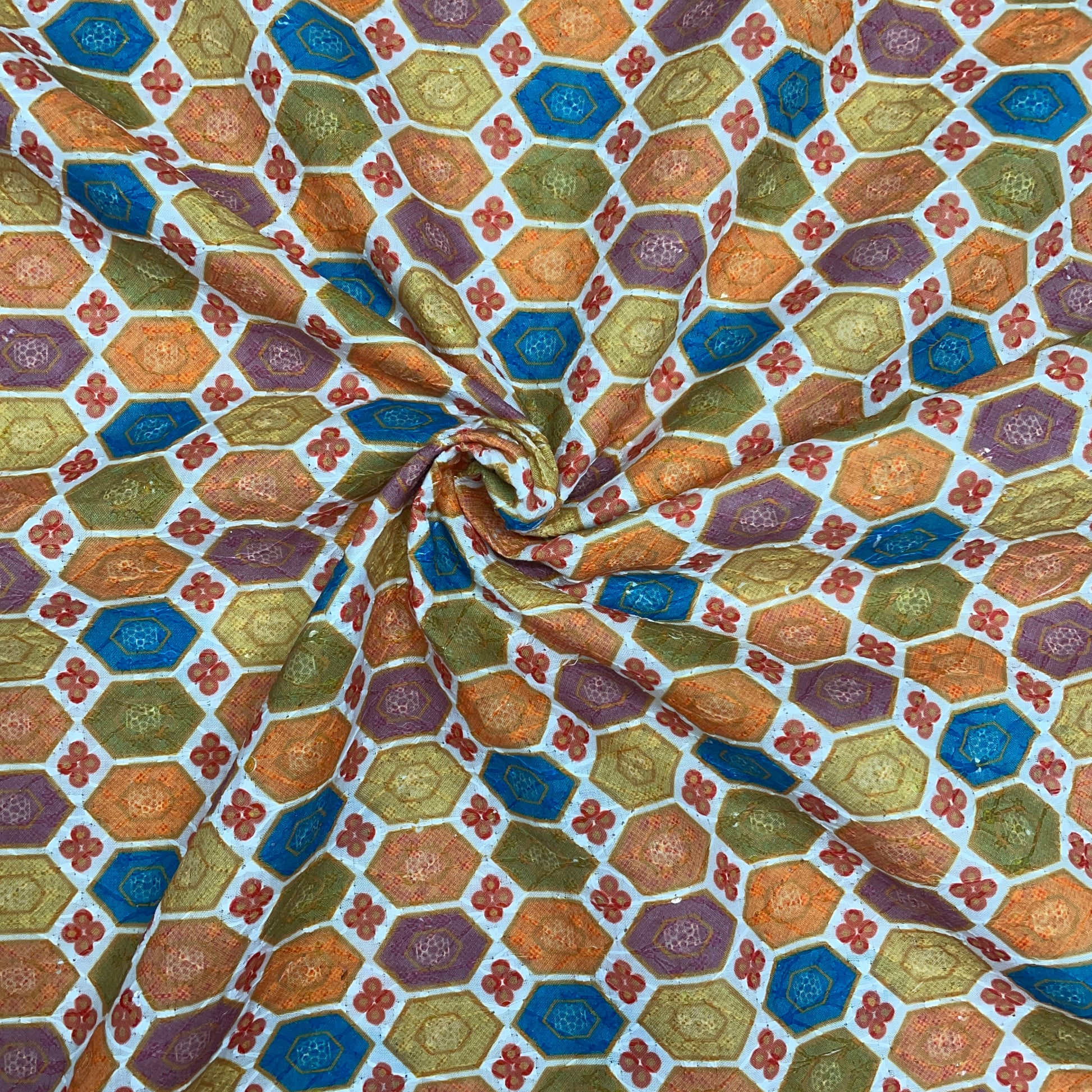 multicolor geometerical print sequence embroidery blended cotton fabric