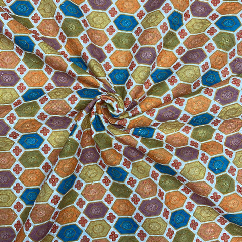 multicolor geometerical print sequence embroidery blended cotton fabric