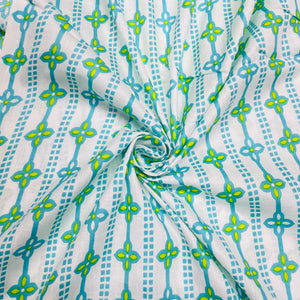 White & Green Geometrical Print Cotton Fabric - TradeUNO